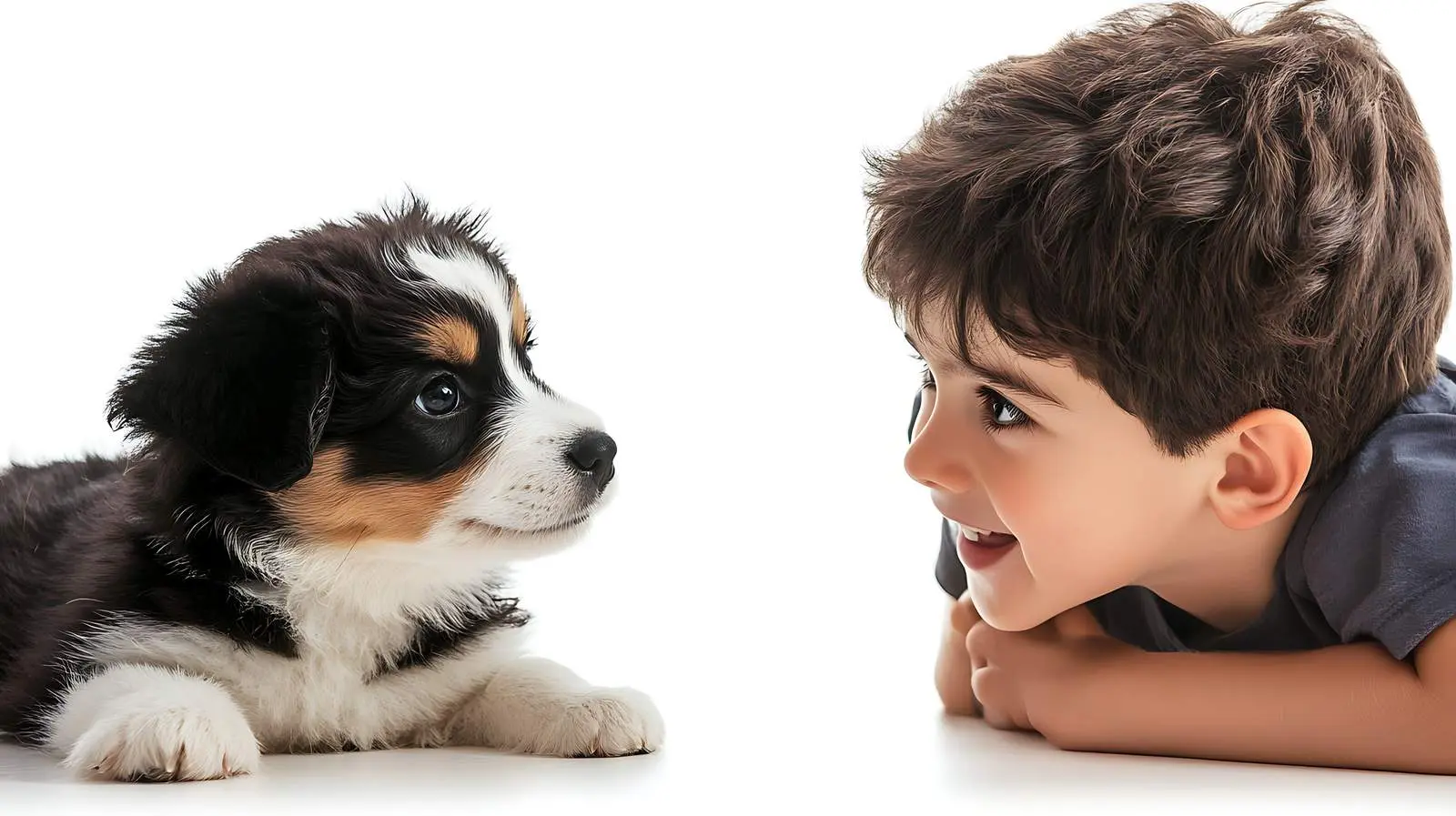 Boy and Puppy Close Interaction on White Background — free download from Dotvec