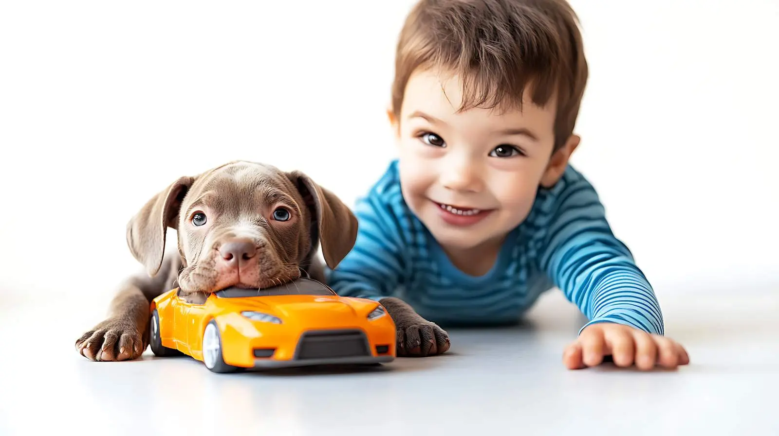 Boy Playing with Puppy Pitbull and Toy Car – free cartoon image from Dotvec