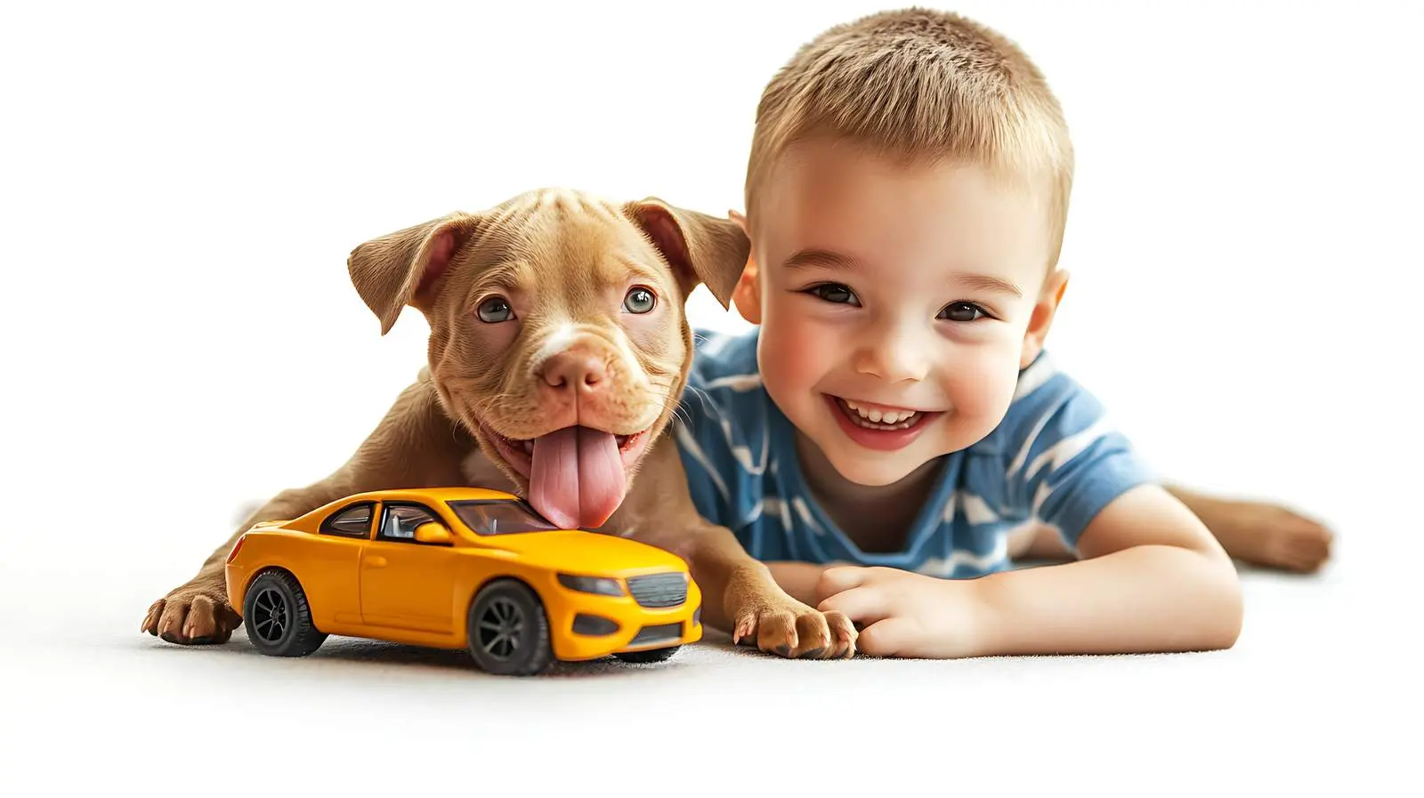 Boy Playing with Pitbull Puppy and Toy Car – free energetic image from Dotvec