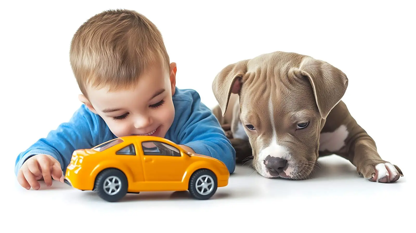 Boy Playing with Puppy and Toy Car – free pitbull image from Dotvec