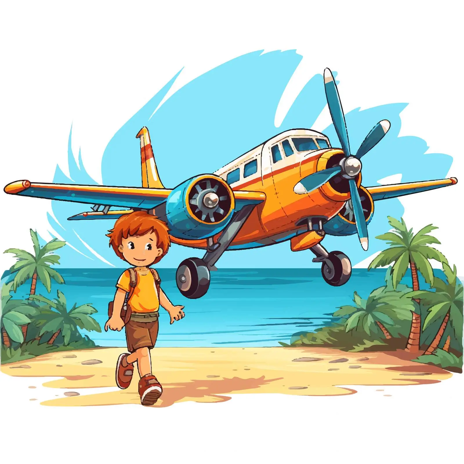 Cartoon Boy with Landing Plane on Island — free download from Dotvec