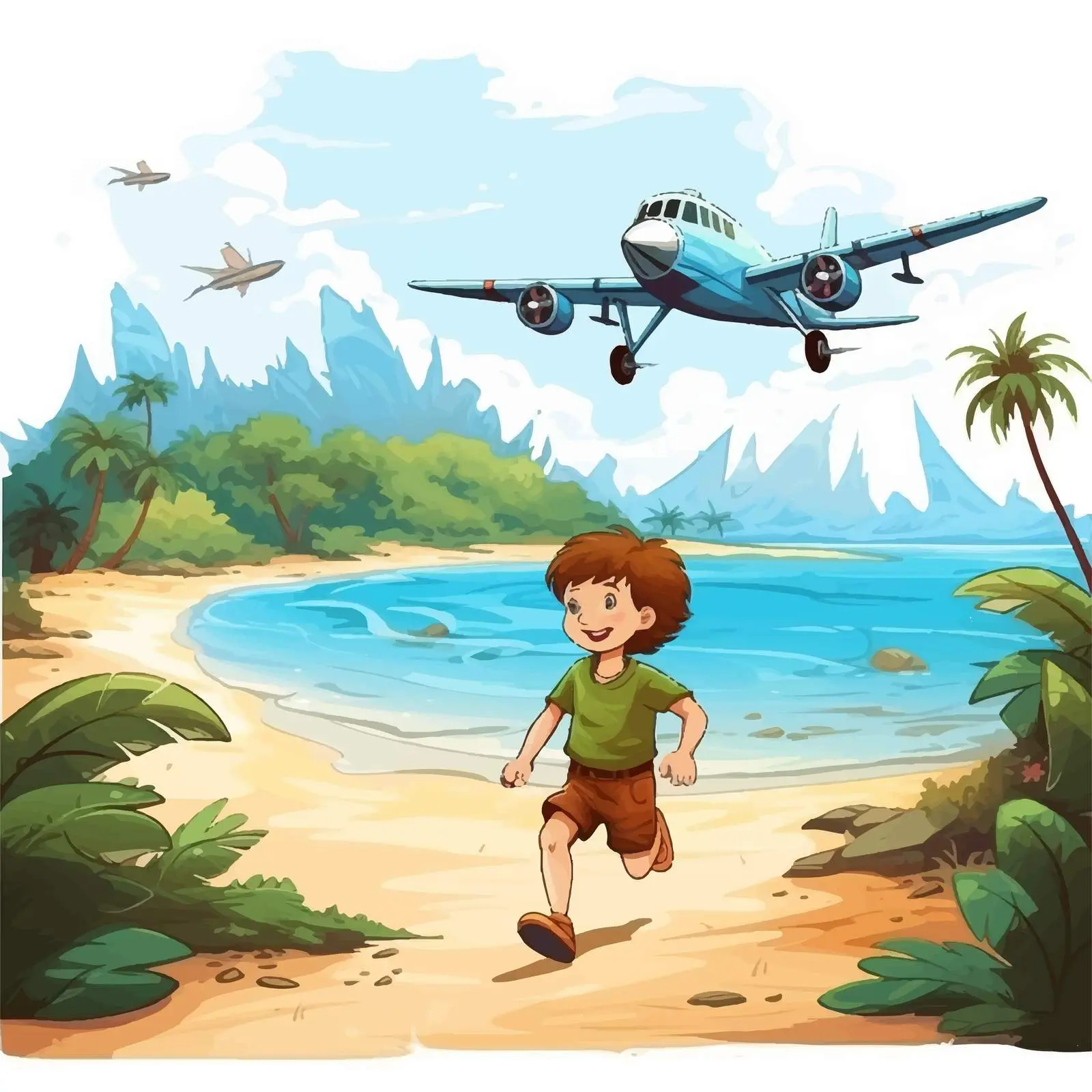 Boy Cartoon with Landing Plane on Island — free download from Dotvec