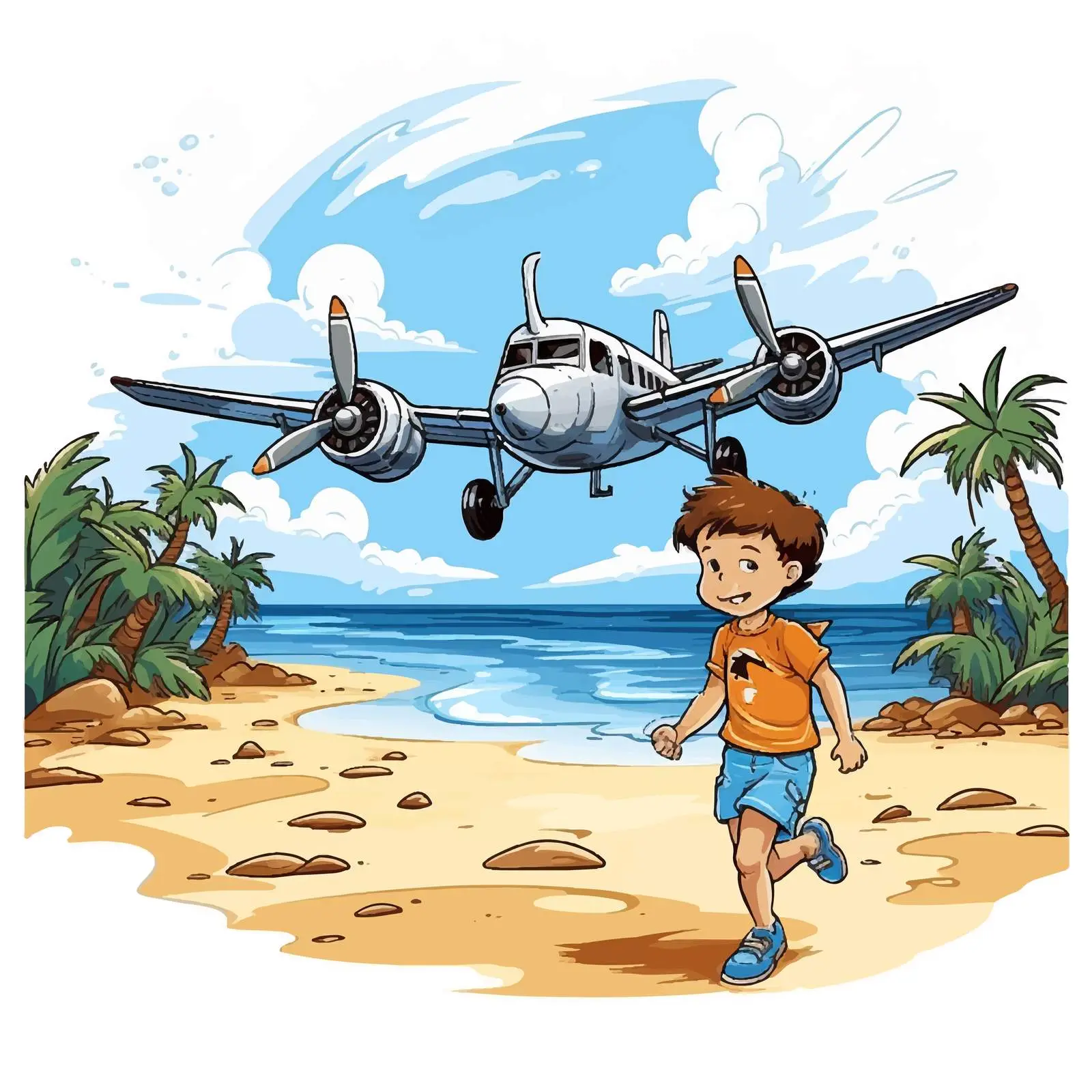 Cartoon Boy with Landing Plane on Island — free download from Dotvec