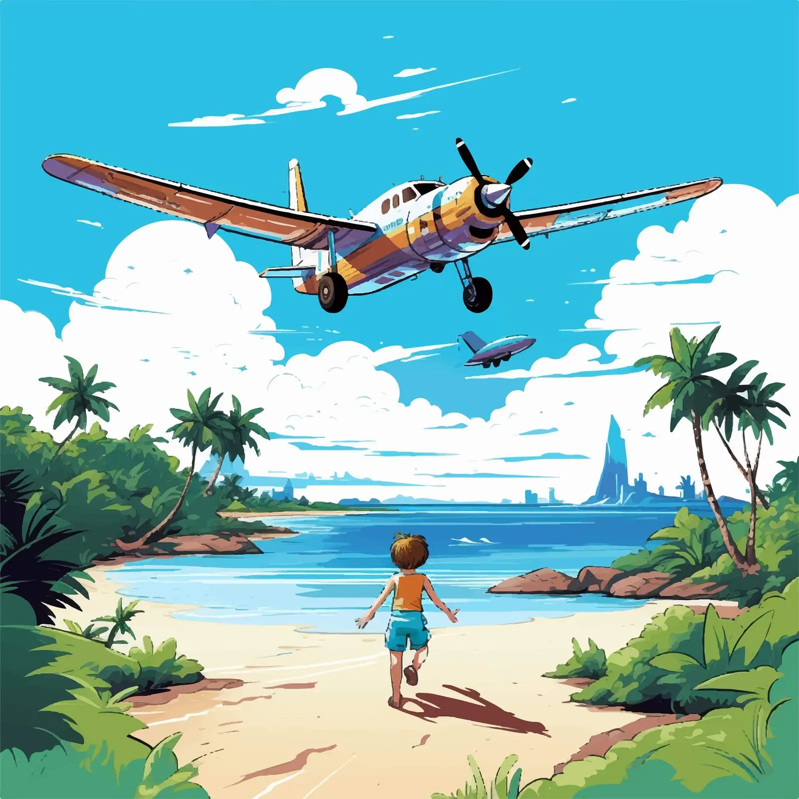 Cartoon Boy with Plane Landing on Island — free download from Dotvec