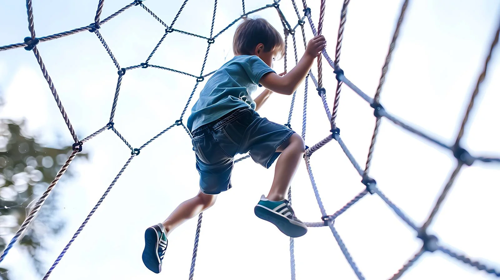 Young Boy Climbing Spider Web in Park — free download from Dotvec