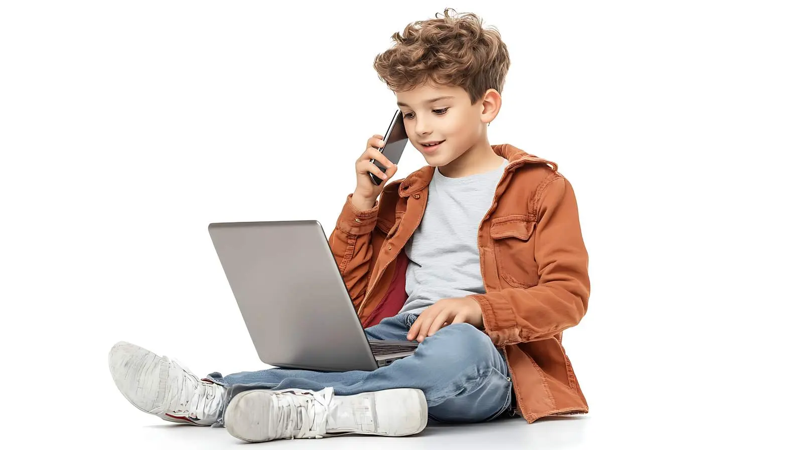 Boy Using Mobile Phone Next to Laptop — free download from Dotvec