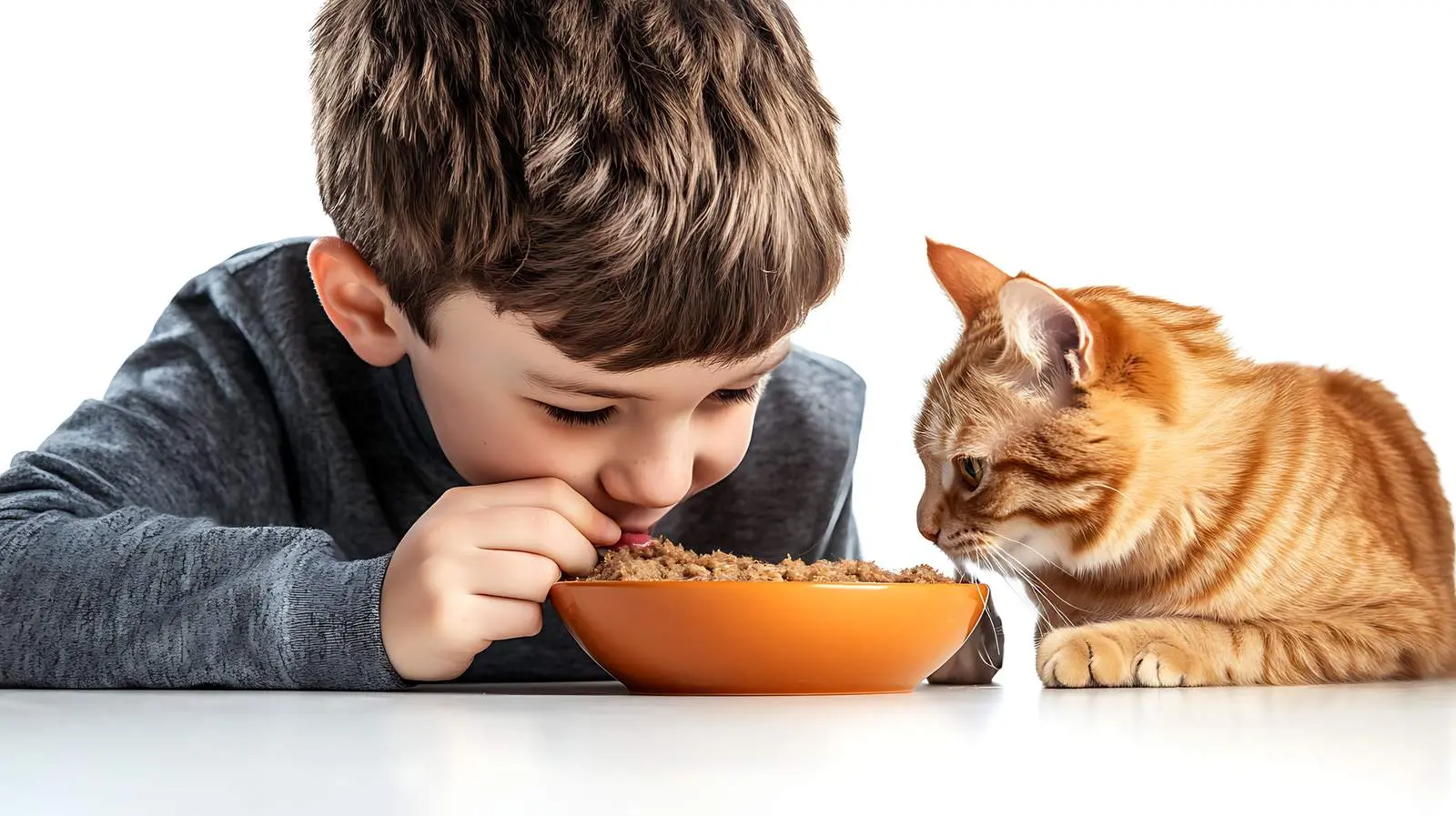 Boy Share Bowl of Food with Friendly Cat — free download from Dotvec