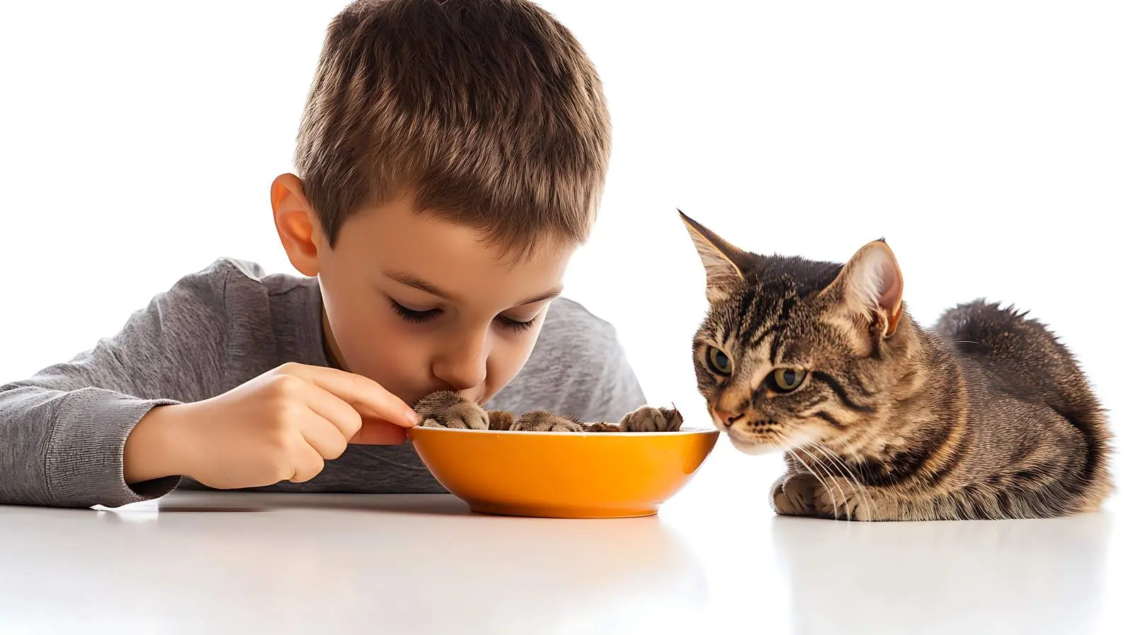 Boy Enjoys Meal with Cat on White Background – free caring image from Dotvec