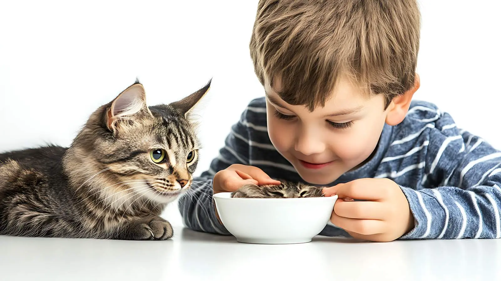 Child Enjoying Food with Cat Isolated on White – free caring image from Dotvec