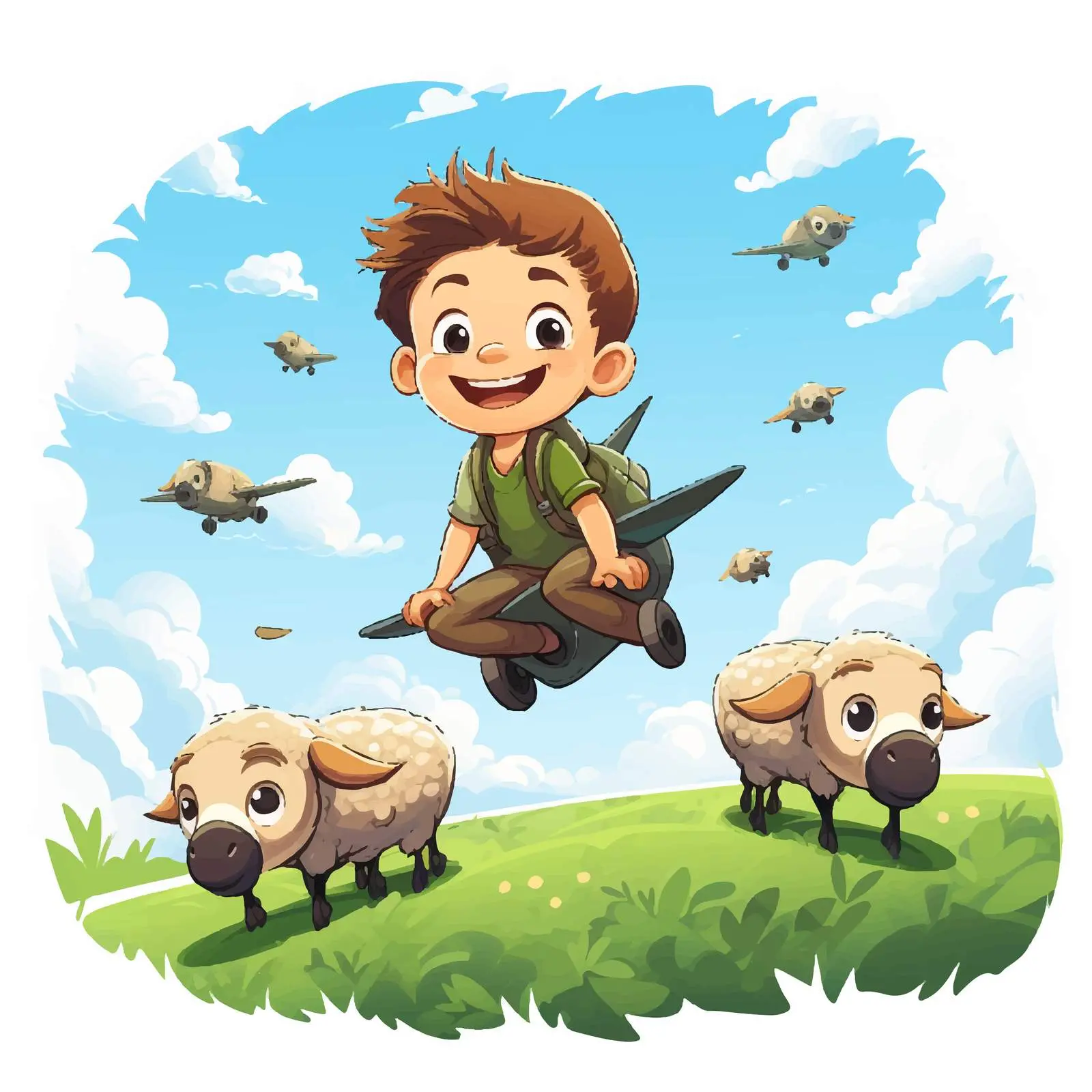 Boy Flying Over Field with Sheep Vector Art — free download from Dotvec