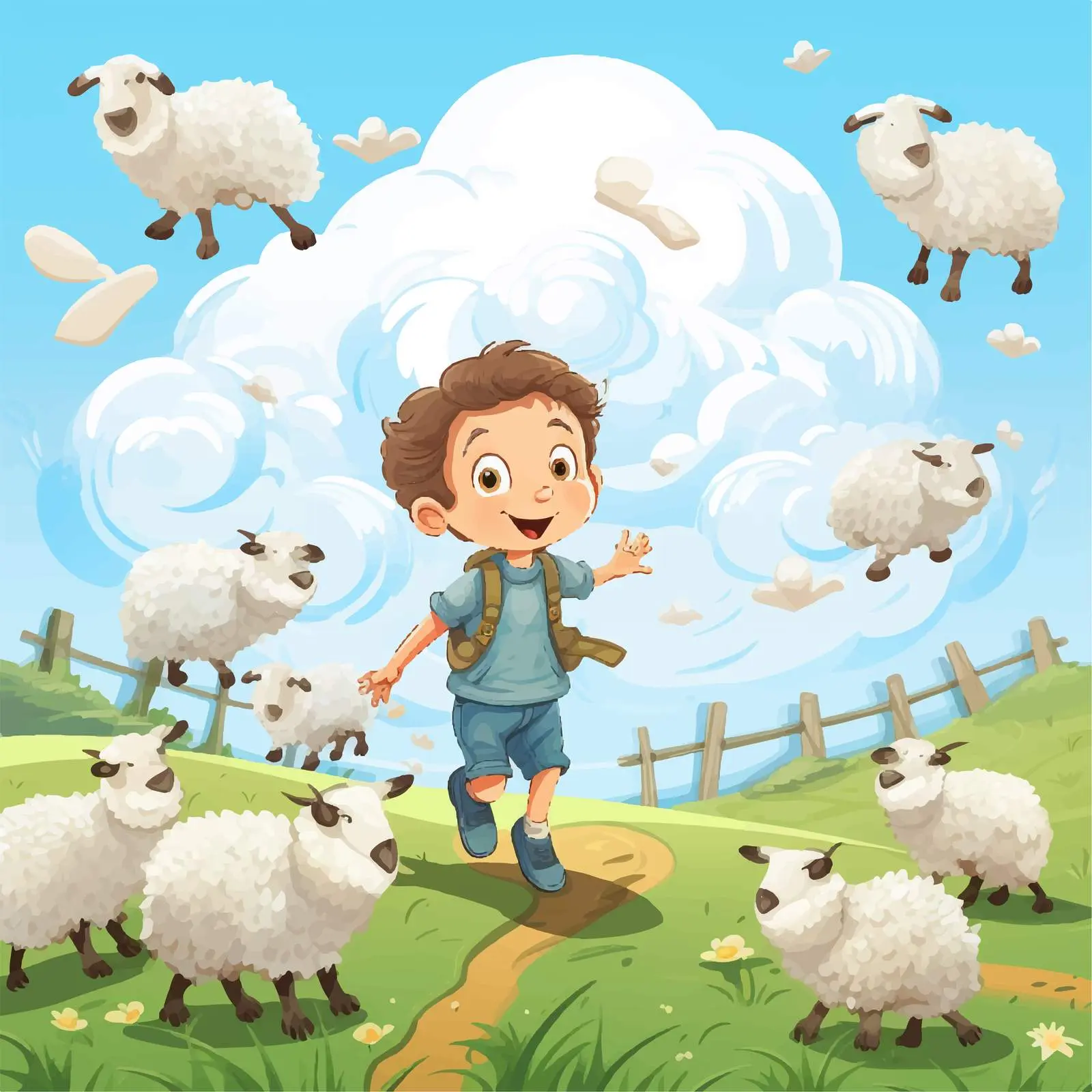 Boy Flying Over Field with Sheep Vector — free download from Dotvec