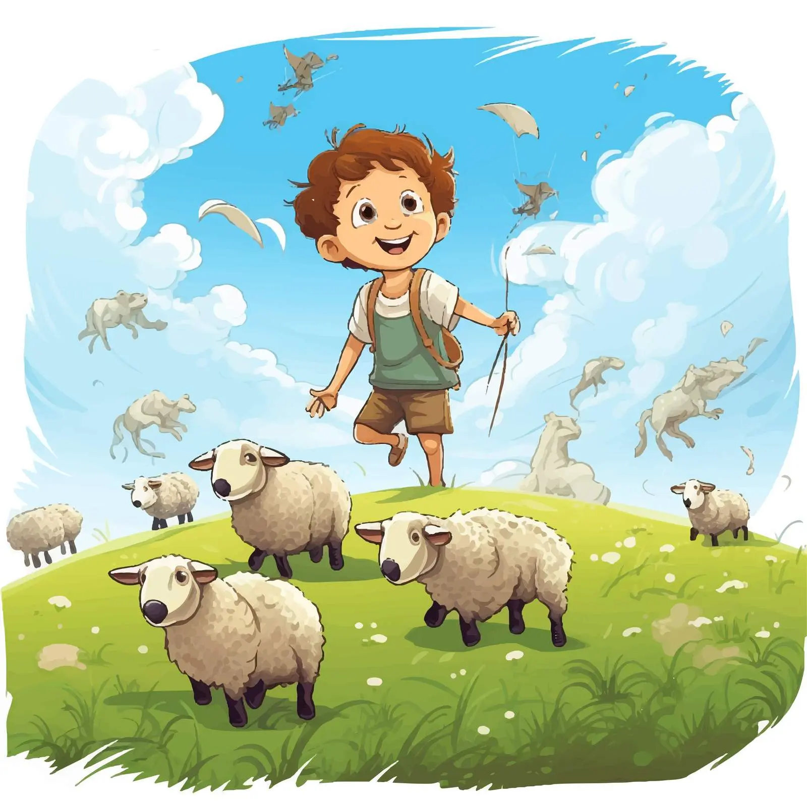 Boy Flying Over Field with Sheep Vector Art — free download from Dotvec