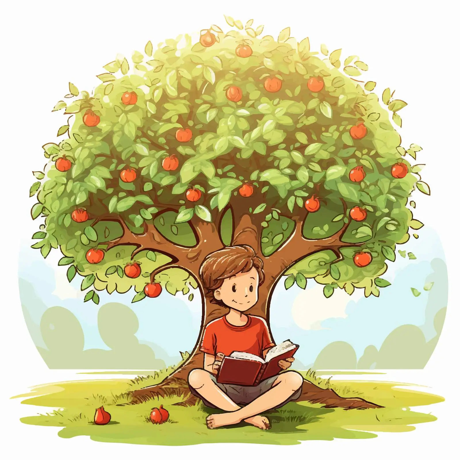 Boy Reading Under Apple Tree Illustration — free download from Dotvec