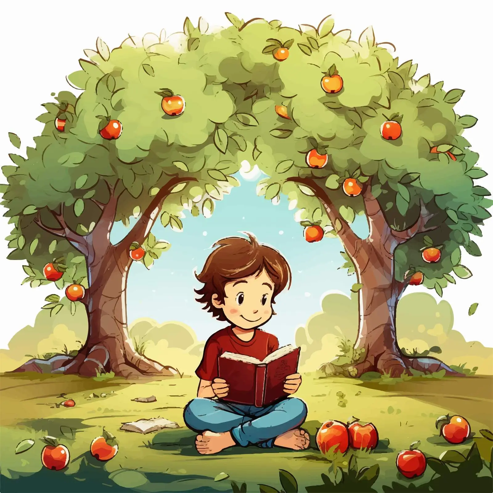 Boy Reading Under Apple Tree Illustration — free download from Dotvec