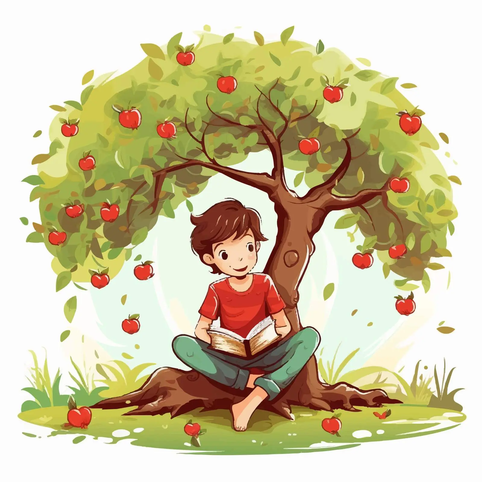 Boy Reading Book Under Apple Tree Illustration — free download from Dotvec
