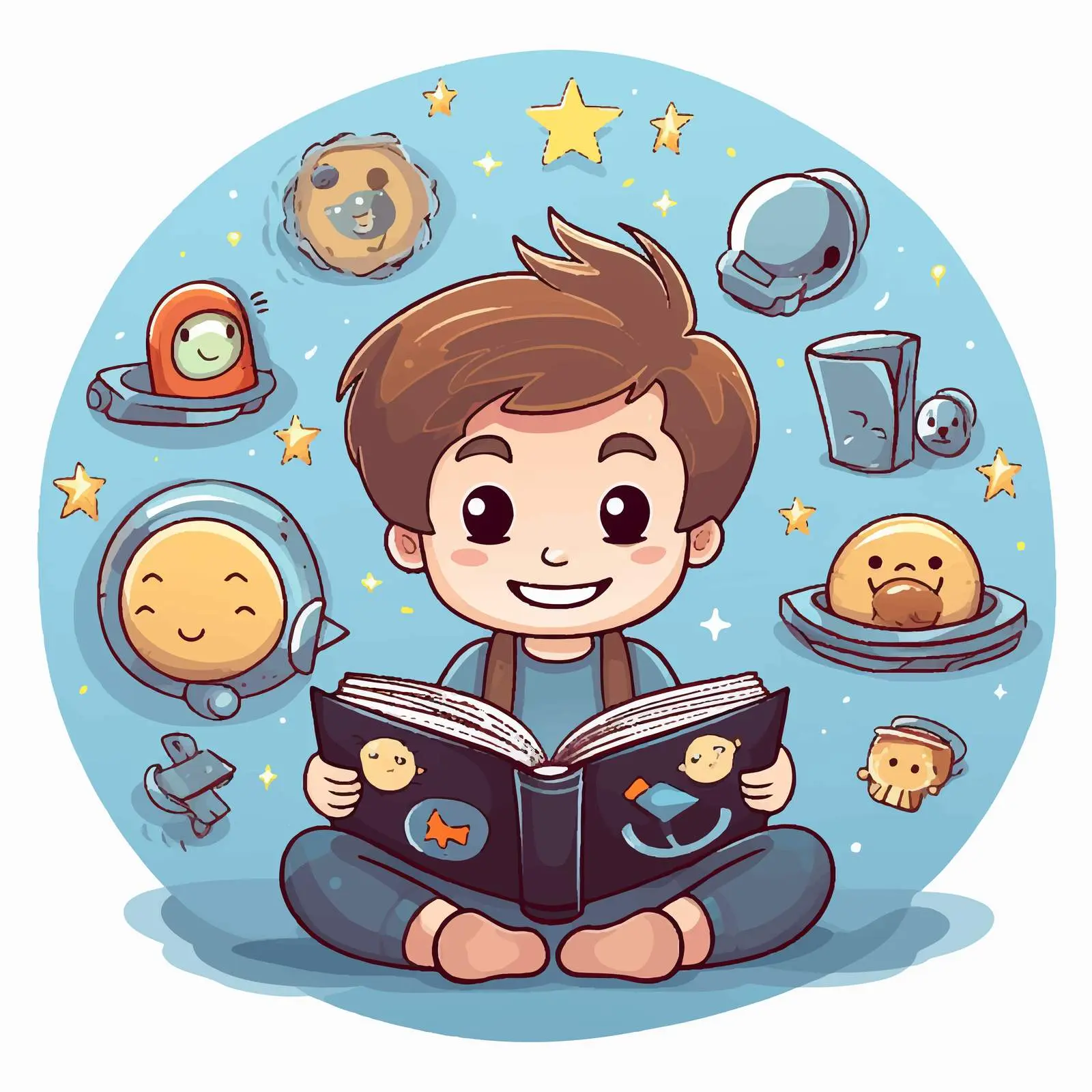 Boy Reading Book with Digital Icons — free download from Dotvec