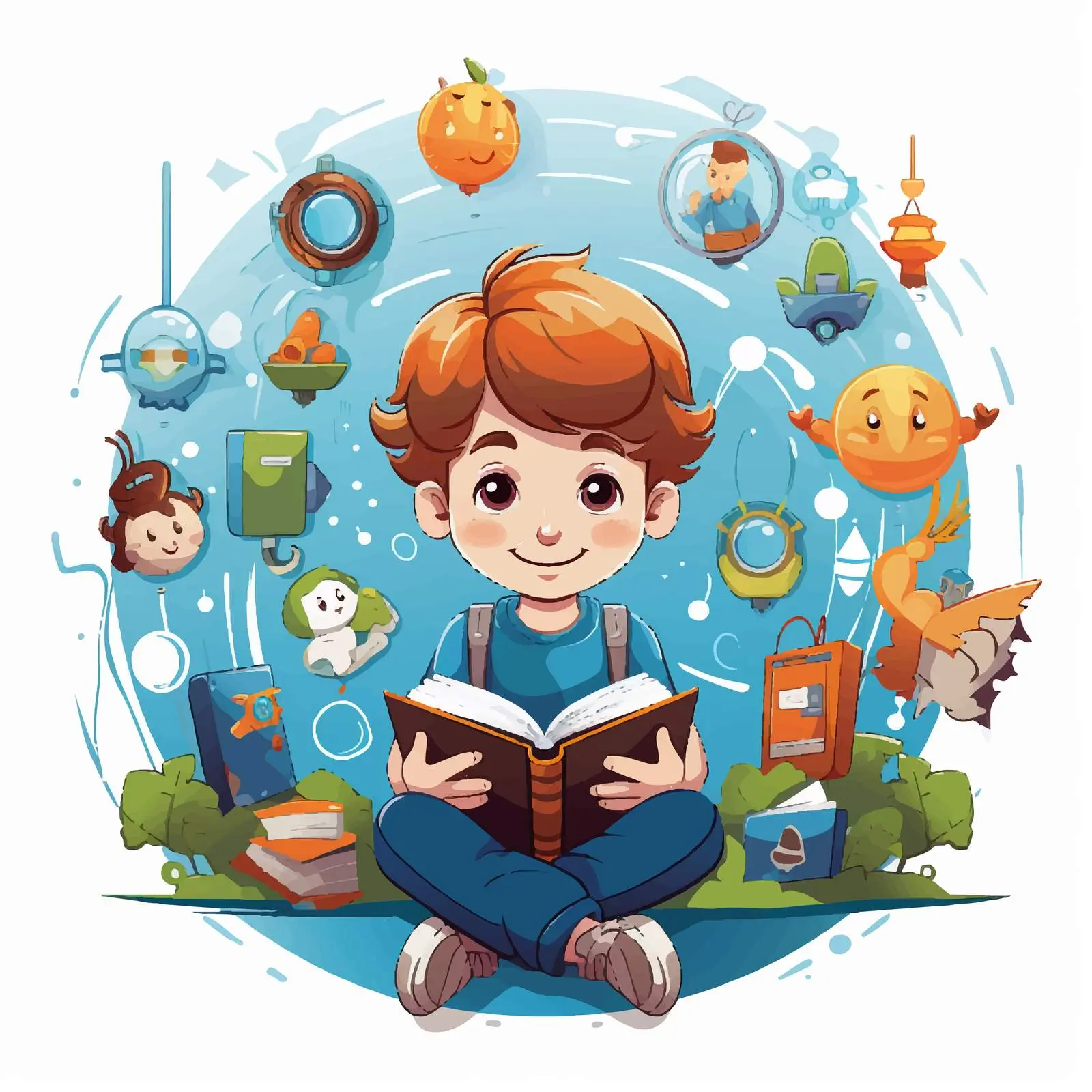 Boy Reading Book with Digital Icons Vector — free download from Dotvec