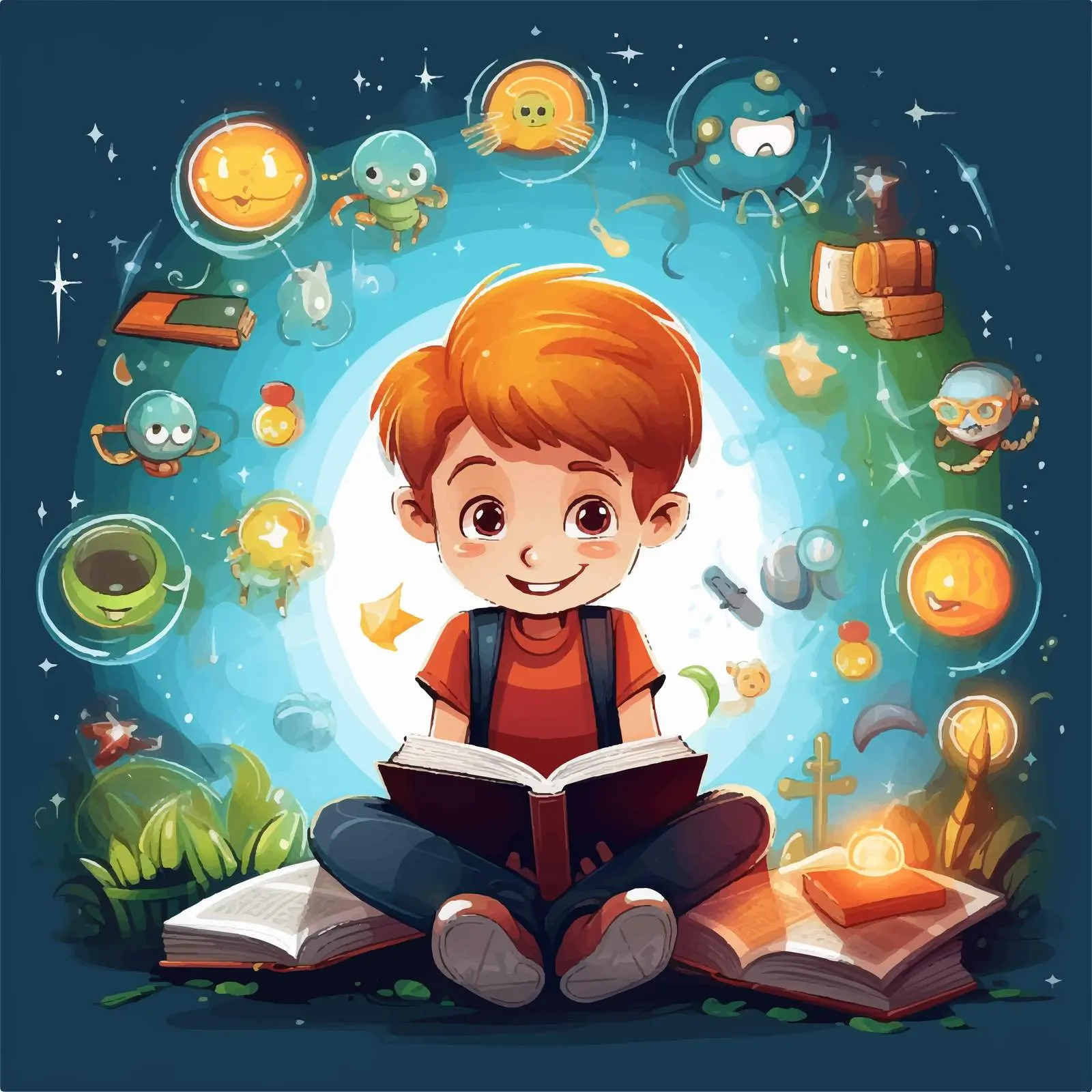 Boy Reading Book with Digital Icons Vector — free download from Dotvec