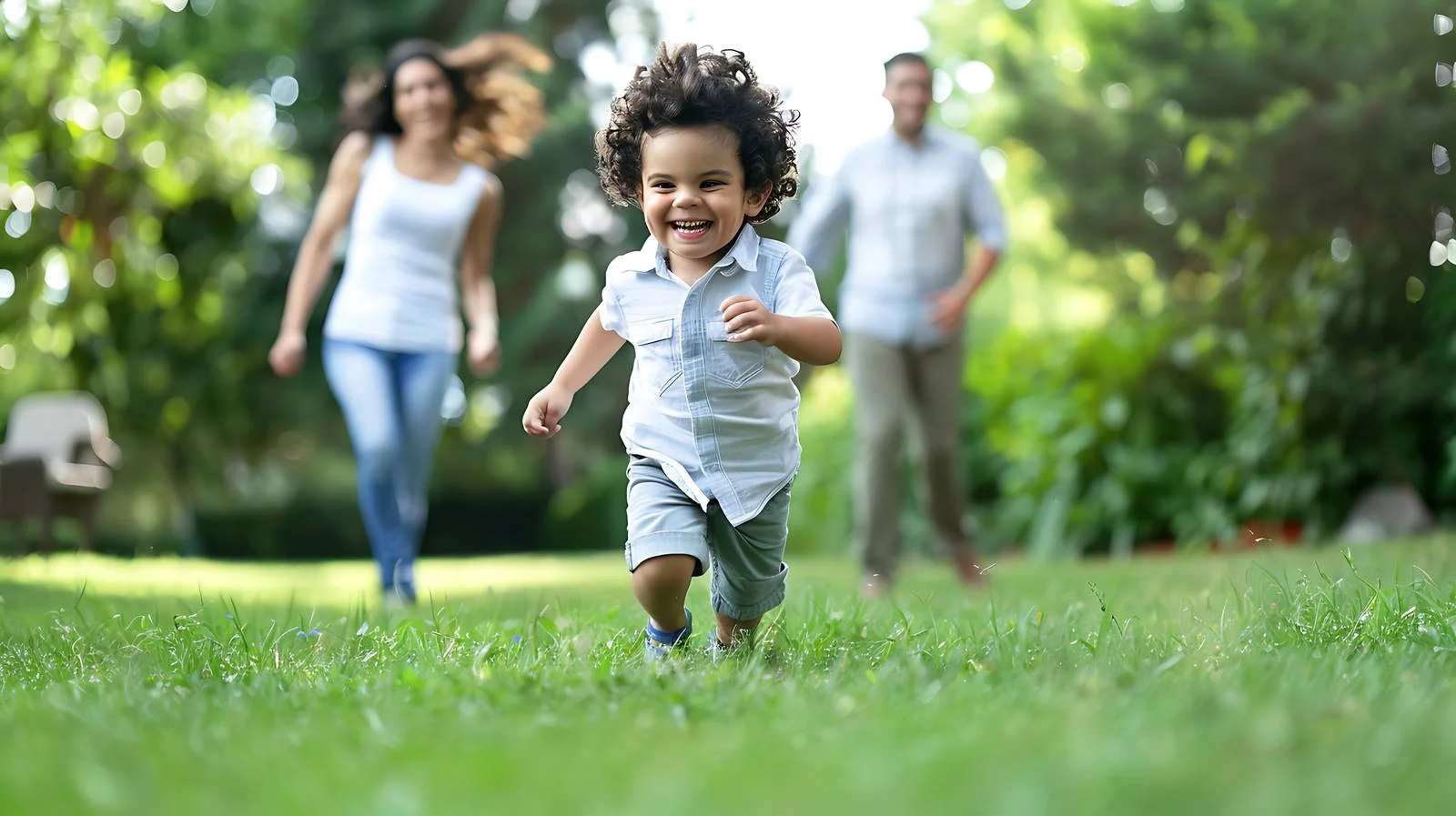 Child sprinting in garden while parents observe — free download from Dotvec