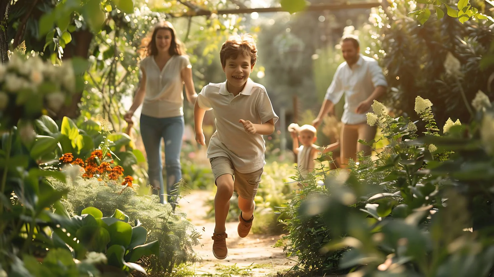 Young Boy sprinting in garden while Parents observe — free download from Dotvec