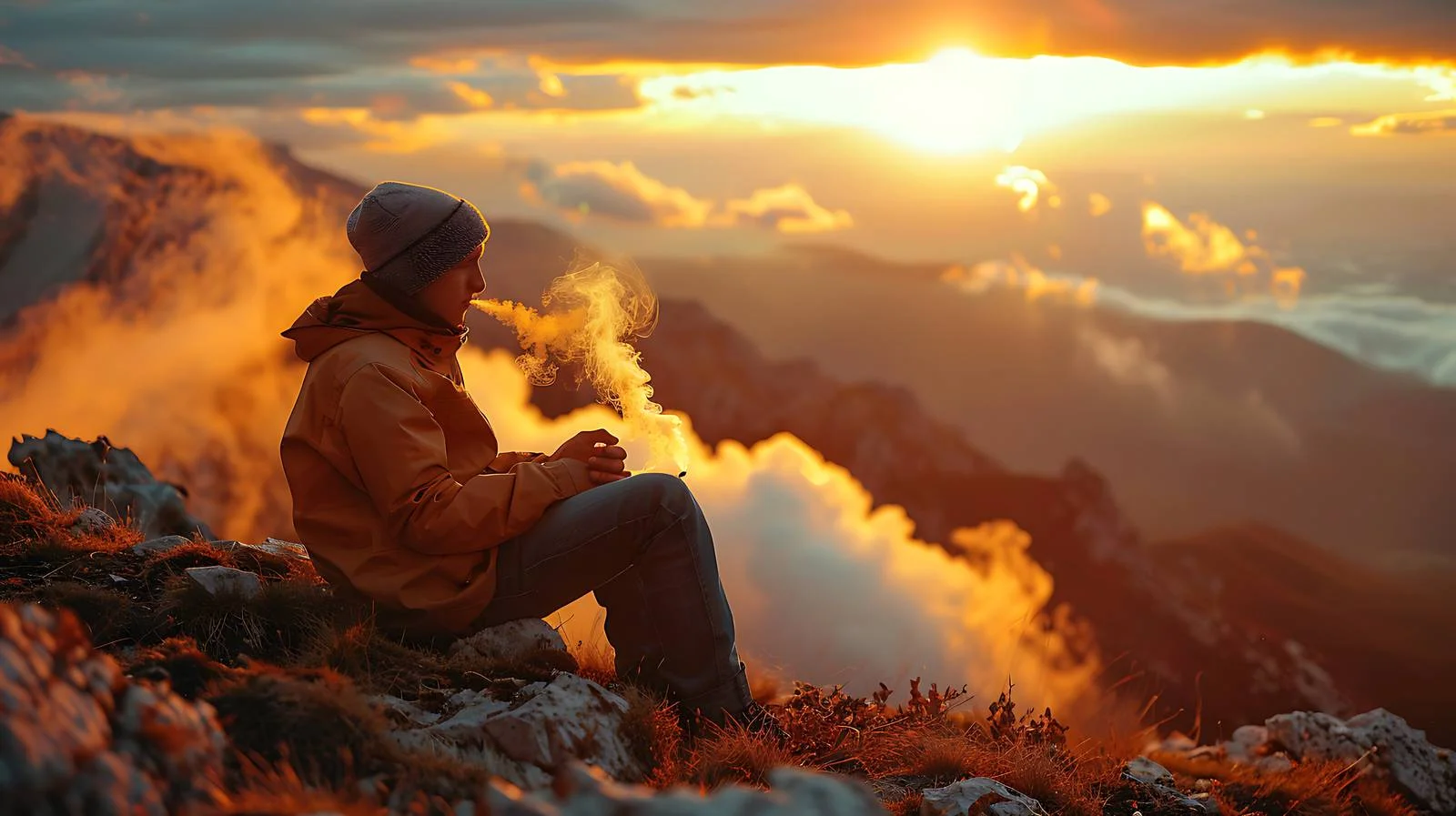 Youth smoking marijuana atop mountain peak — free download from Dotvec
