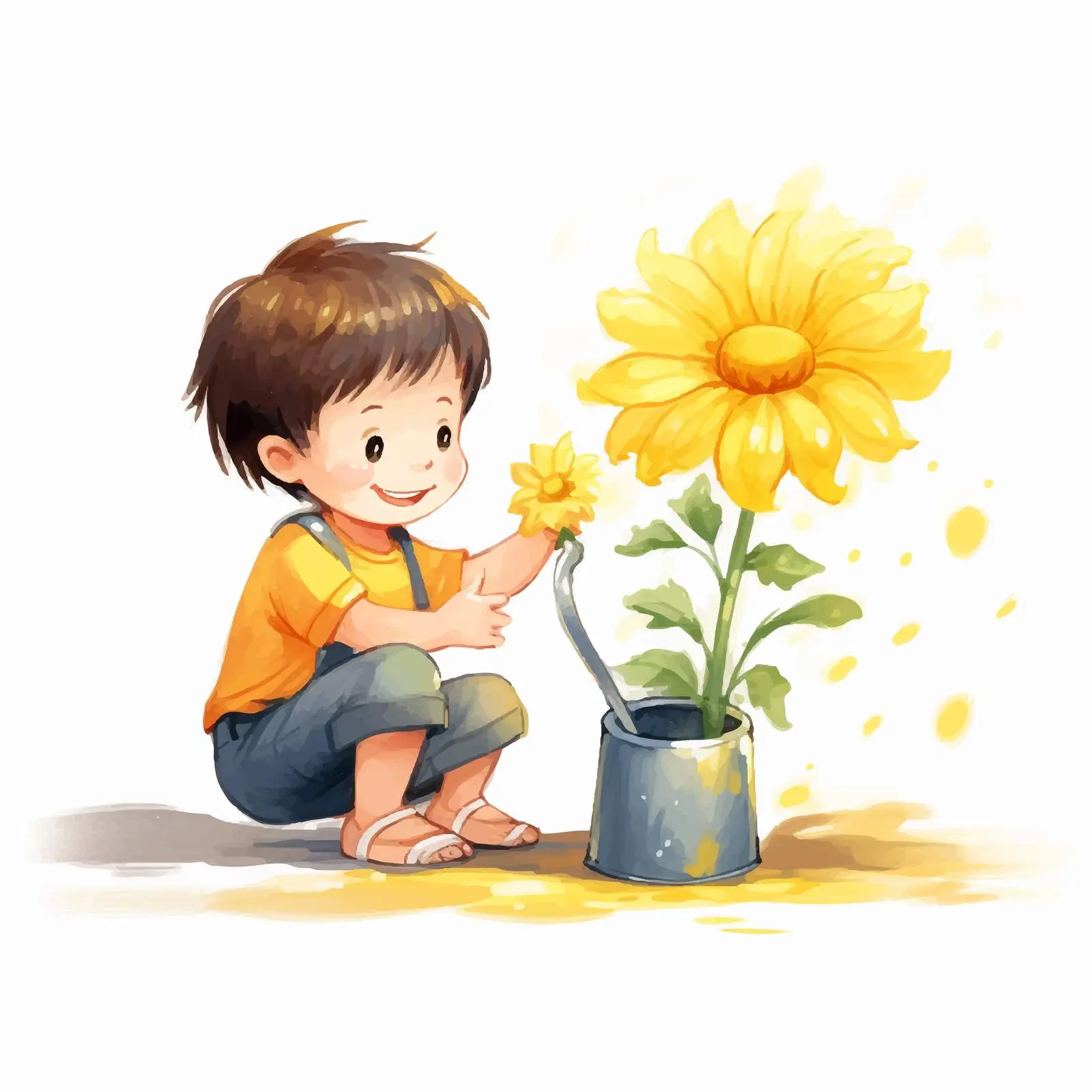 Boy Watering Yellow Flower with Can Illustration — free download from Dotvec