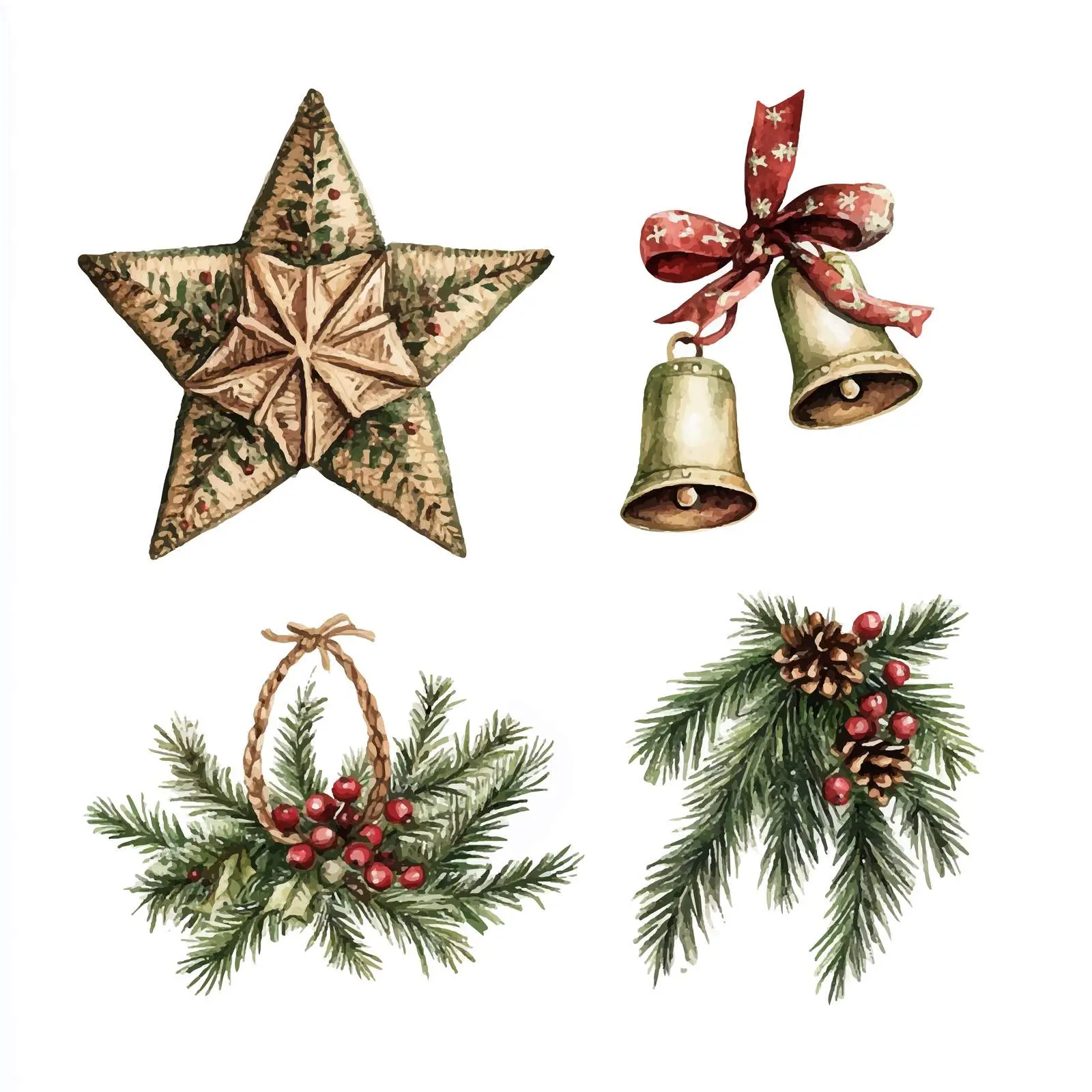Watercolor Christmas Braided Star and Bells Design — free download from Dotvec