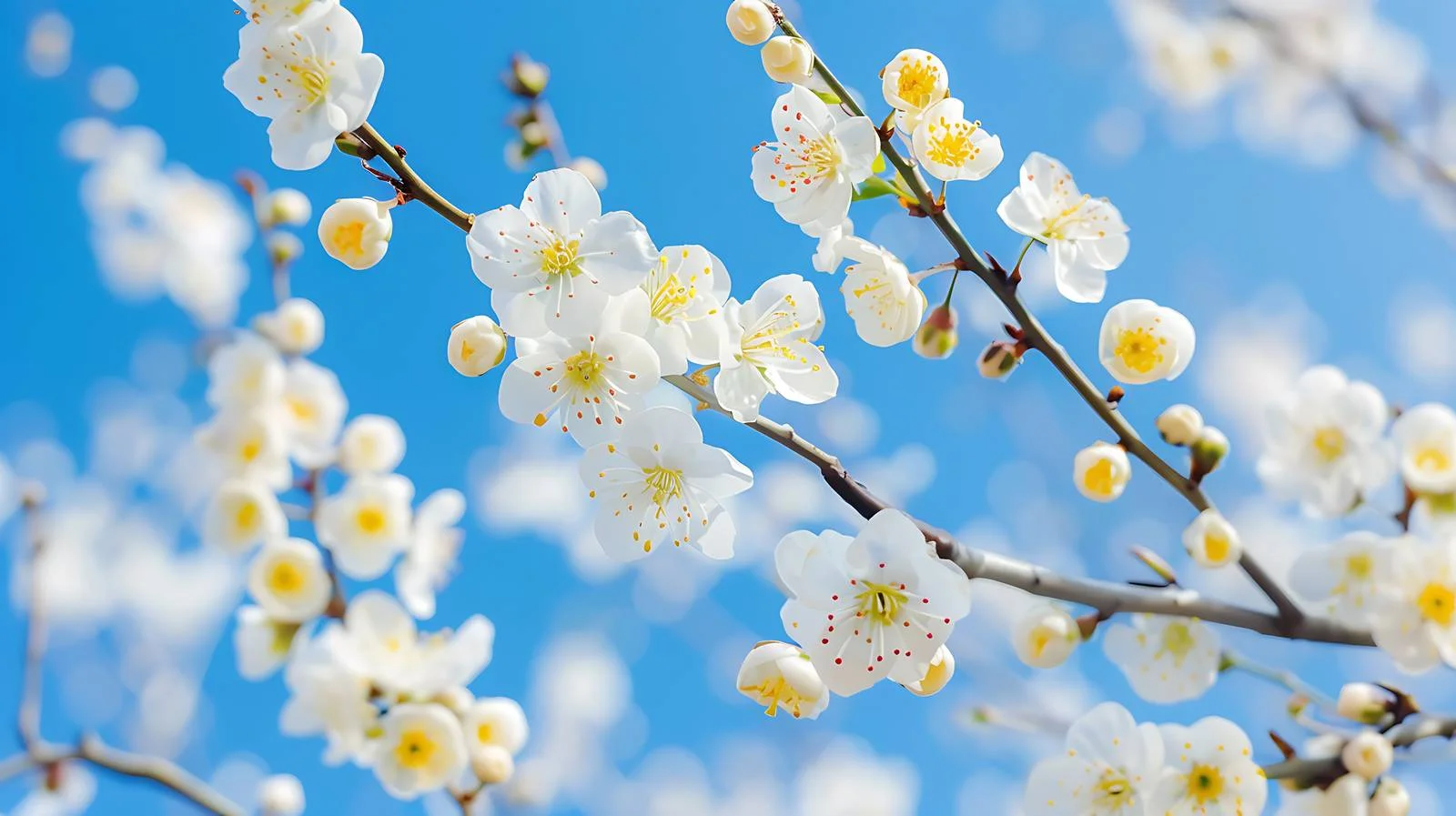 Cherry Plum Tree Blossoms Against Blue Sky — free download from Dotvec
