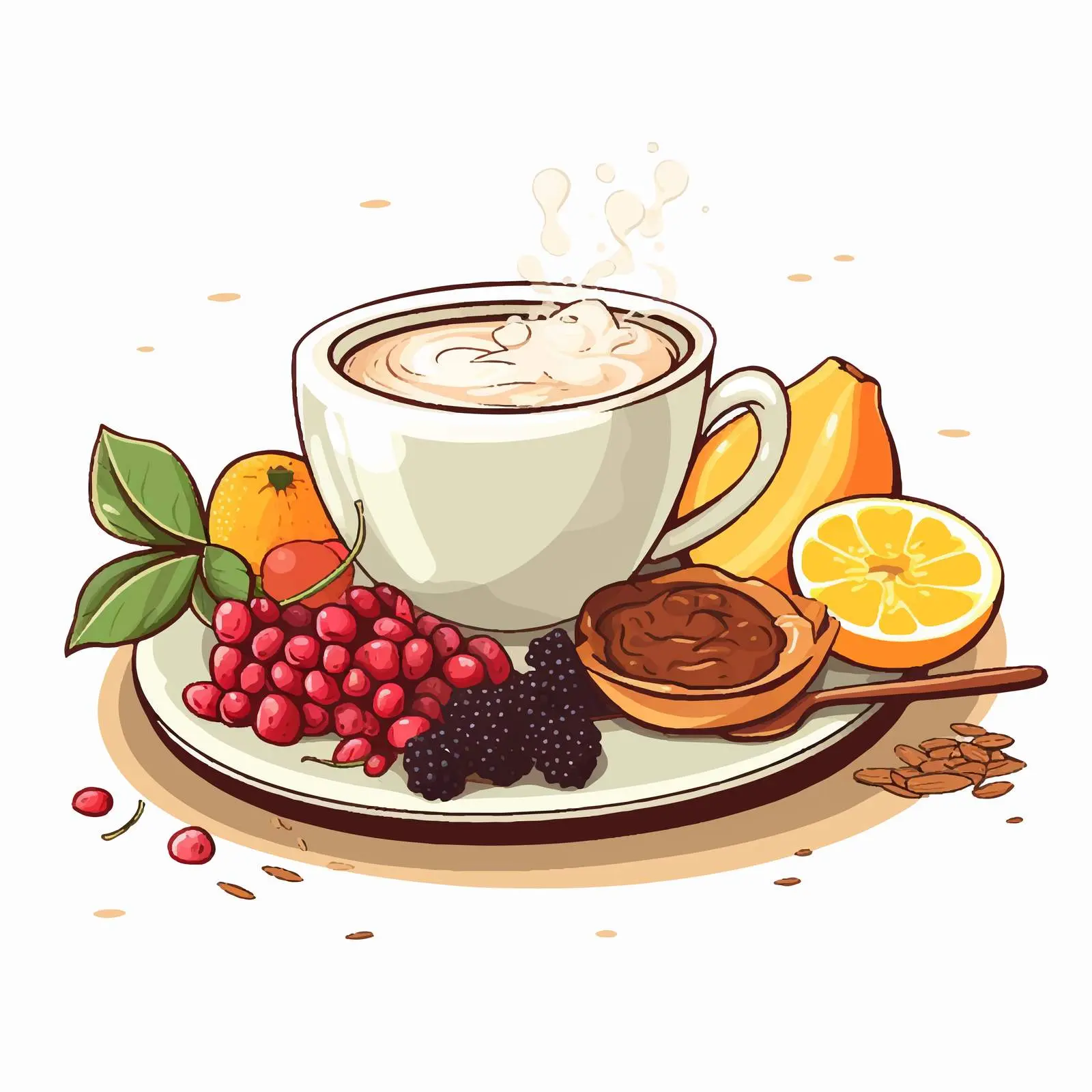 Oatmeal with Fruits and Coffee Breakfast Menu — free download from Dotvec