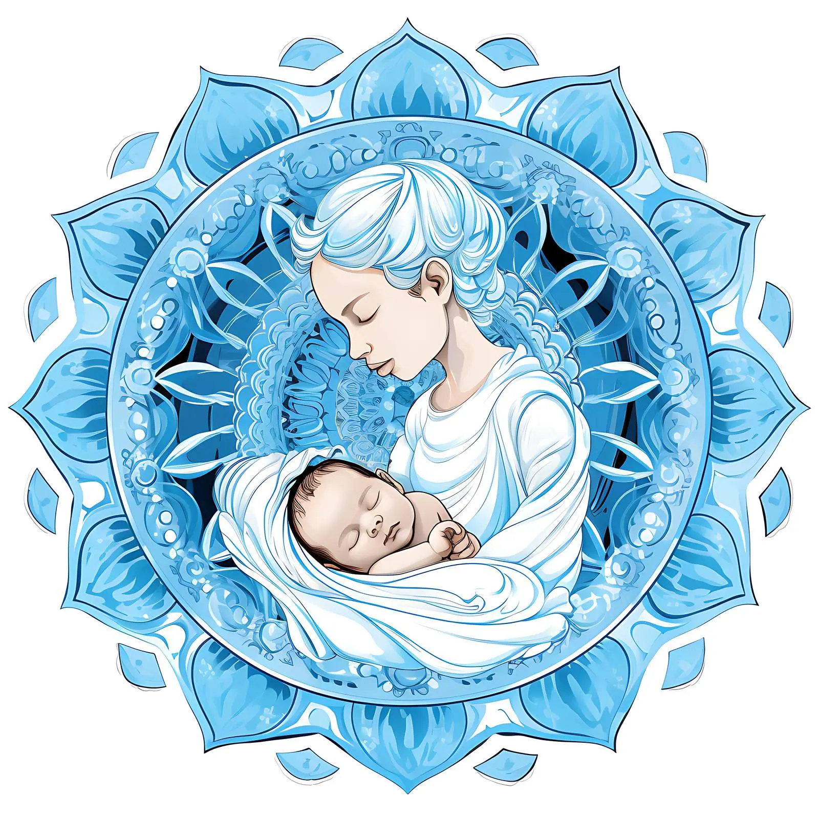 Newborn Baby Centered in Bright Blue Mandala – free artistic interpretation image from Dotvec