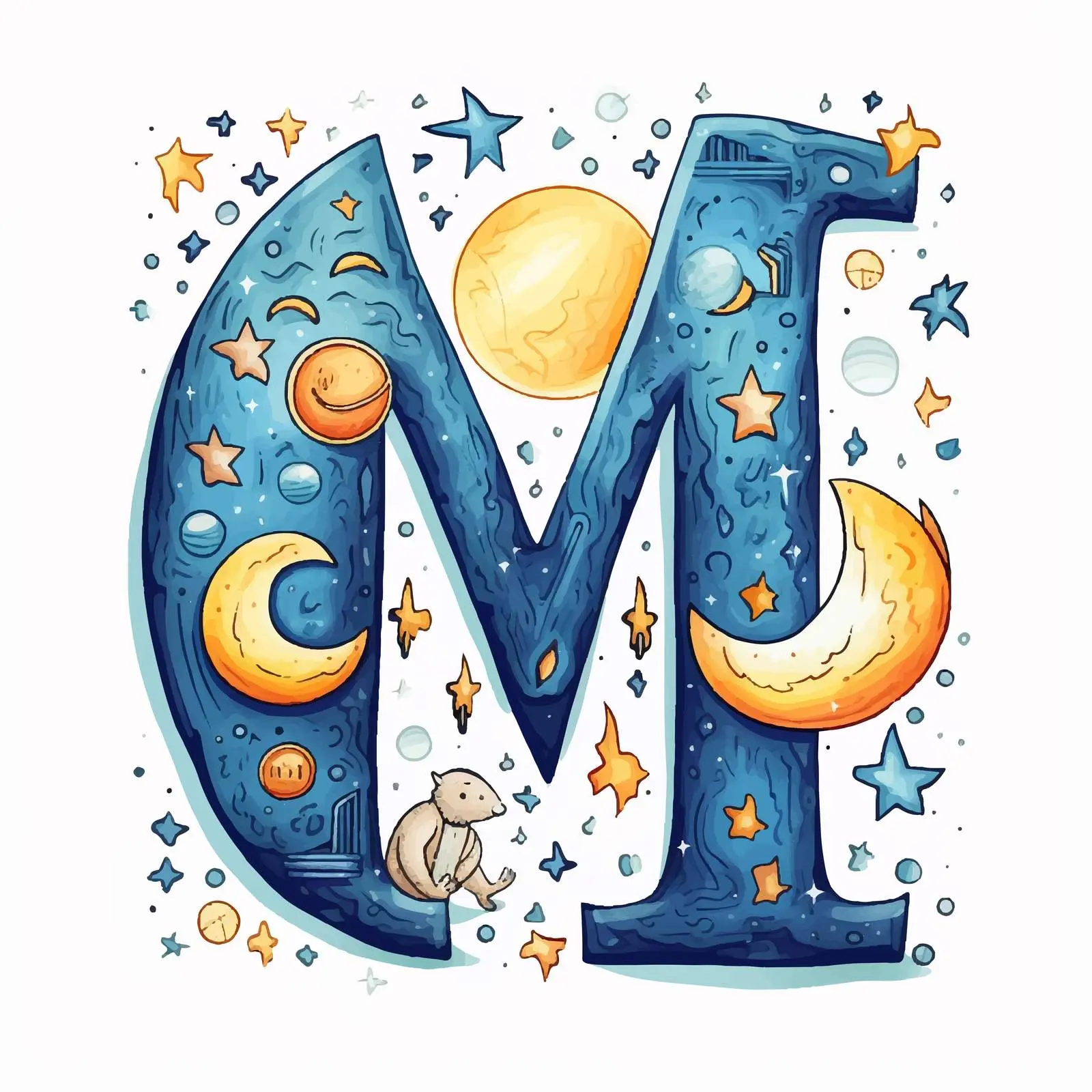 Cute Cartoon Alphabet: Letter M with Moon – free childrens art image from Dotvec