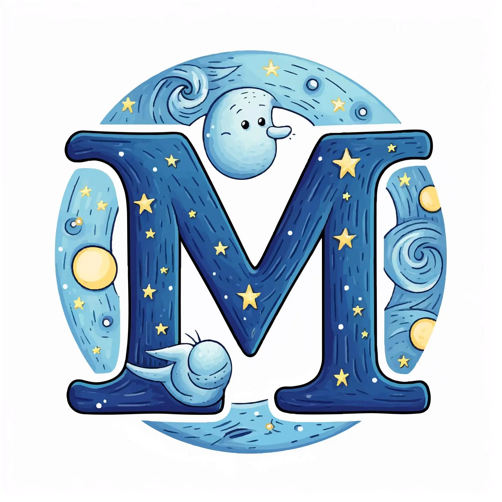 Cute Cartoon Alphabet with Moon and Letter M – free educational vector image from Dotvec