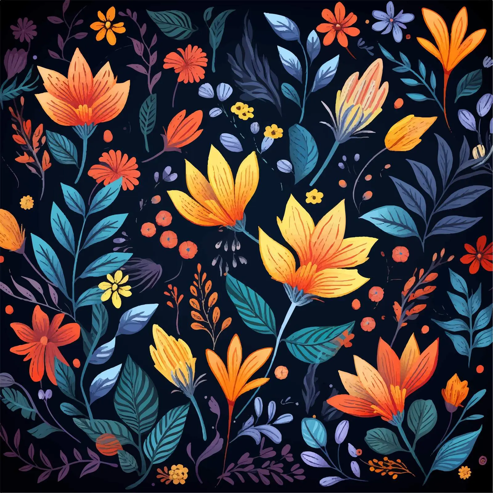 Bright Flowers and Leaves on Dark Background Vector — free download from Dotvec