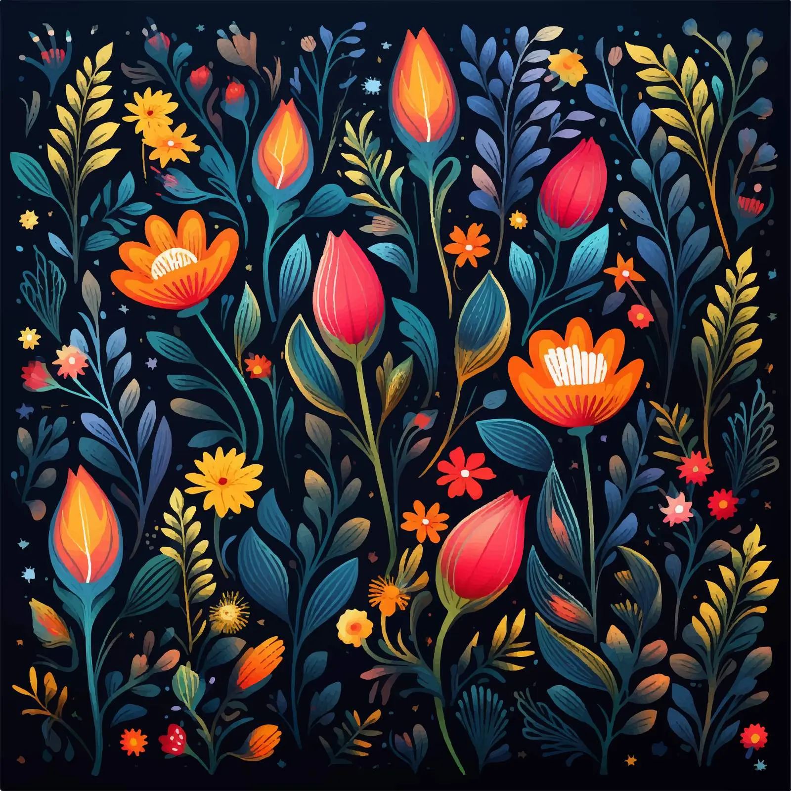 Bright Floral Vector on Dark Background – free botanical graphics image from Dotvec