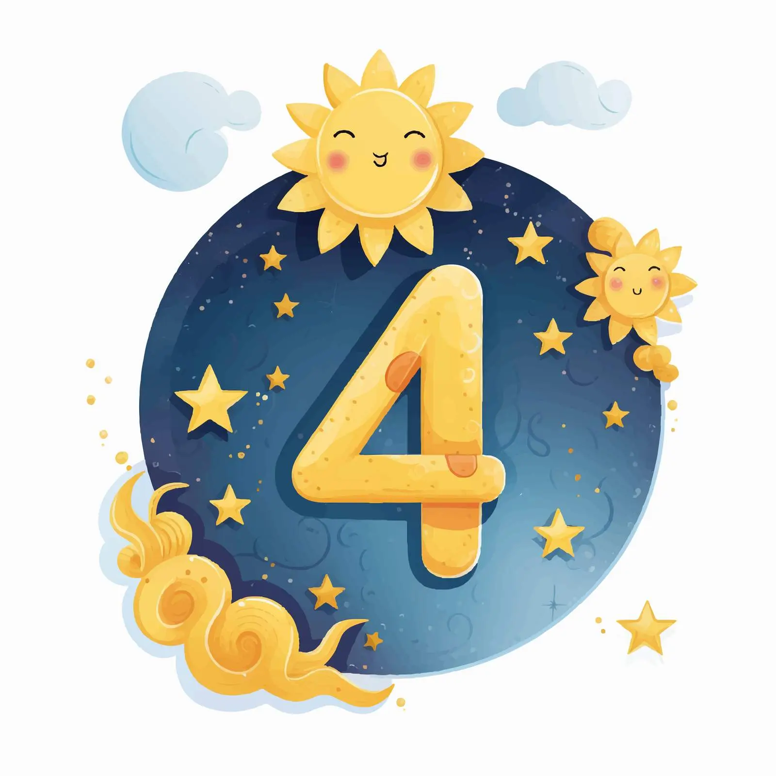 Cute Moon and Sun with Number 4 Illustration — free download from Dotvec