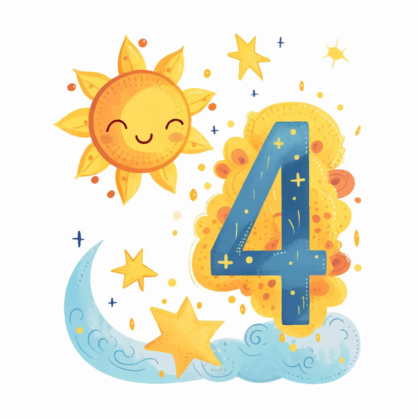 Cute Moon and Sun Illustration with Number 4 – free characters image from Dotvec