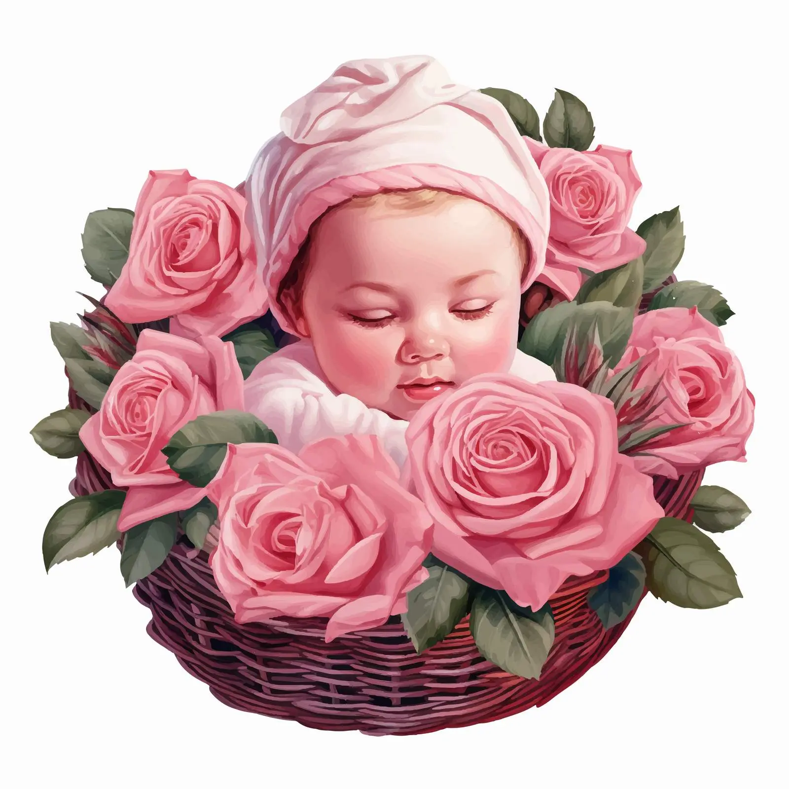 Bright Pink Newborn Portrait with Roses in Basket — free download from Dotvec