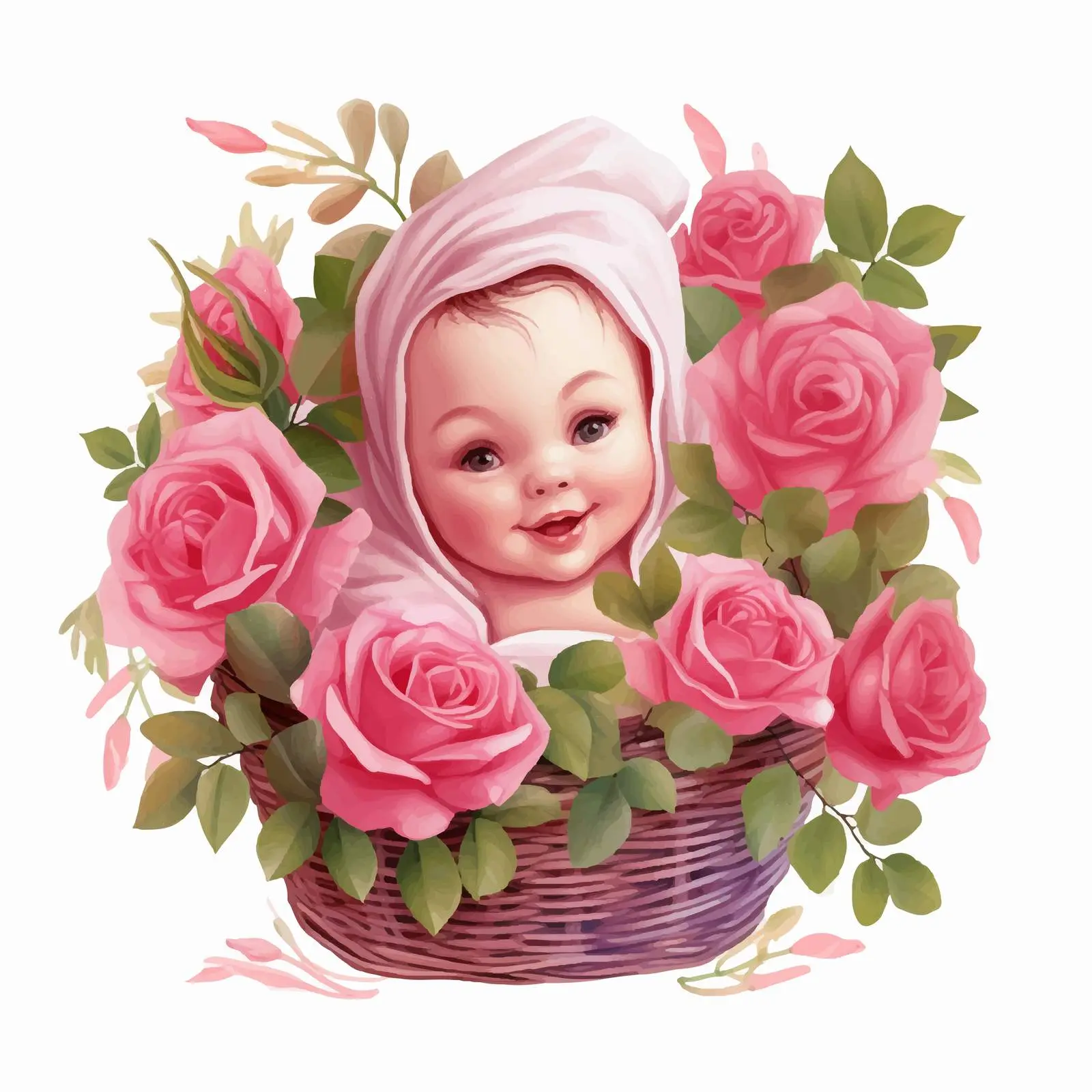 Bright Pink Newborn Portrait in Floral Basket — free download from Dotvec