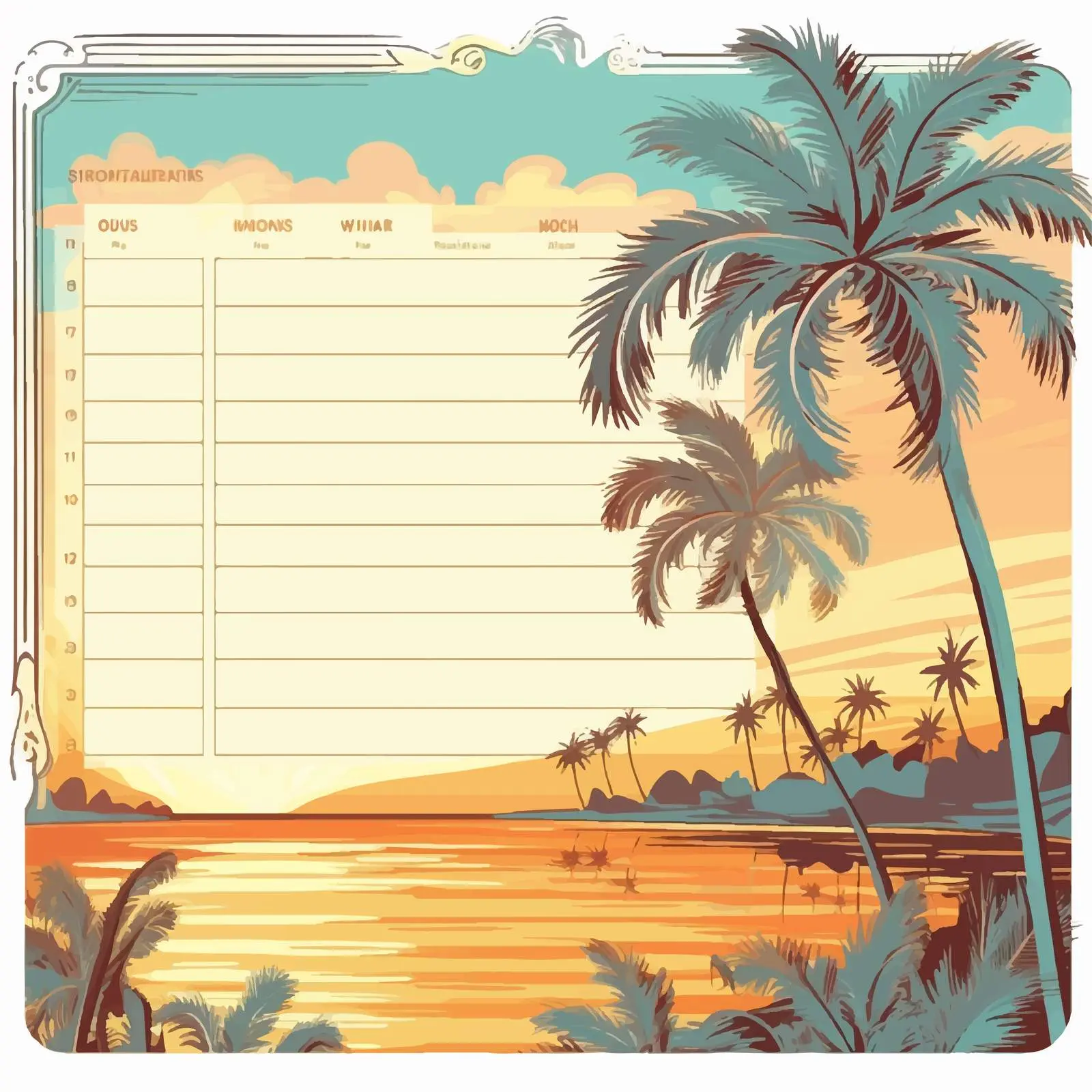 Bright Tropical Evening Landscape Weekly Planner — free download from Dotvec