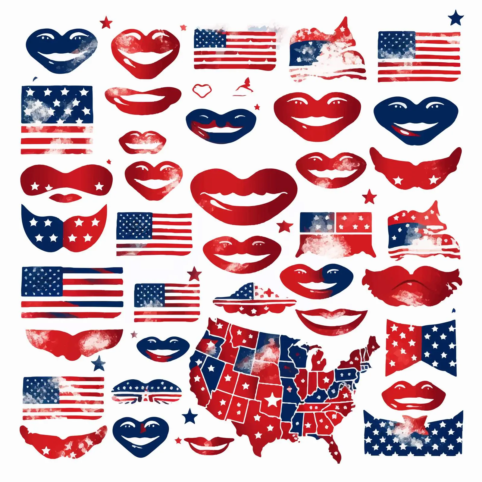USA Patriotic Clip Art Set with Map and Lip Prints – free icons image from Dotvec