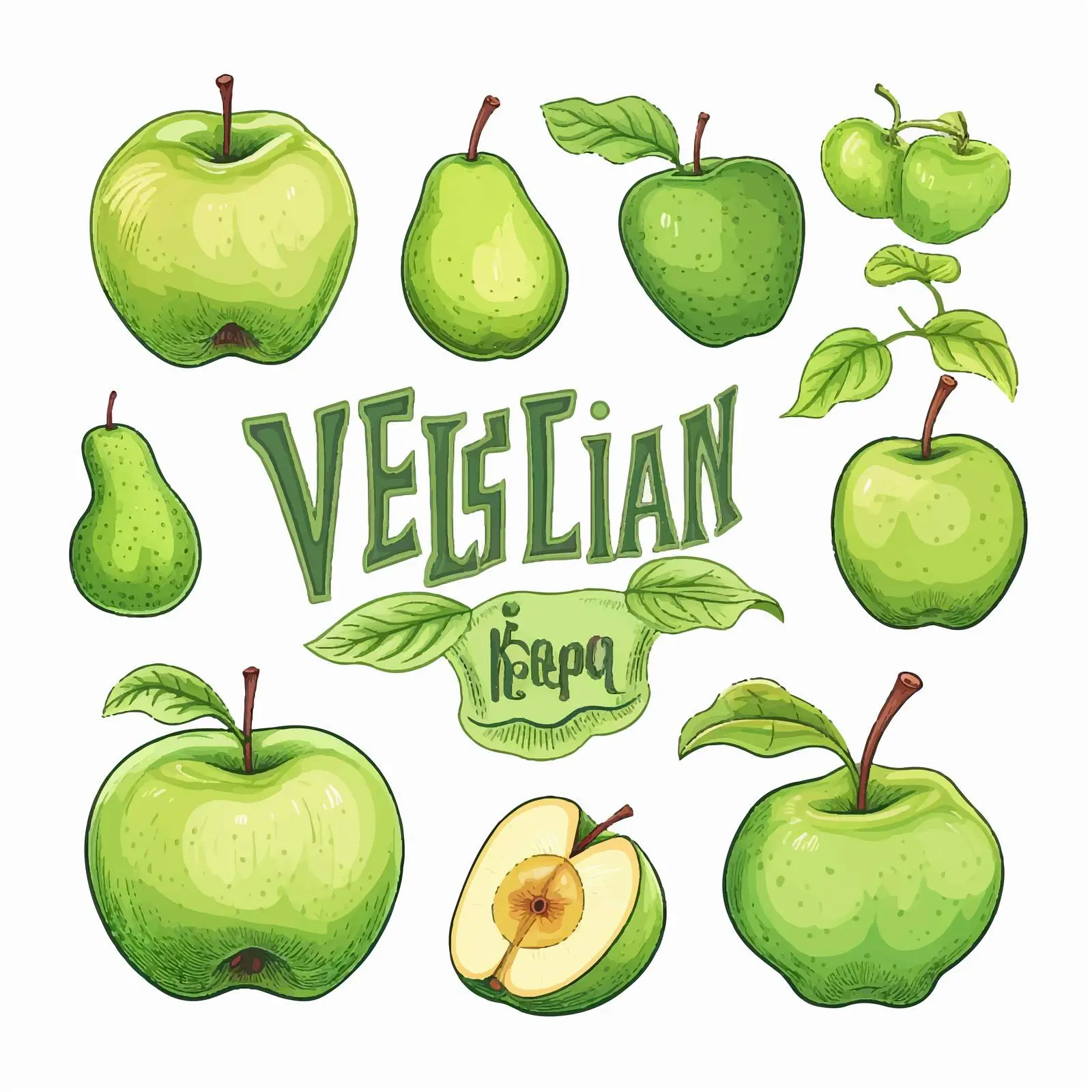 Bright Vegan Elements Design Set with Green Apples — free download from Dotvec