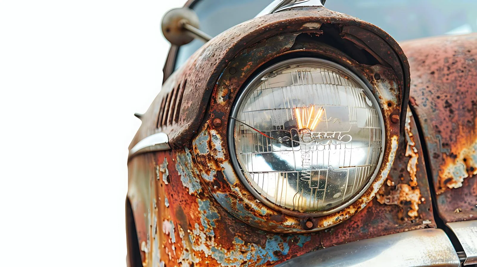 Rusty car with damaged headlight illumination — free download from Dotvec