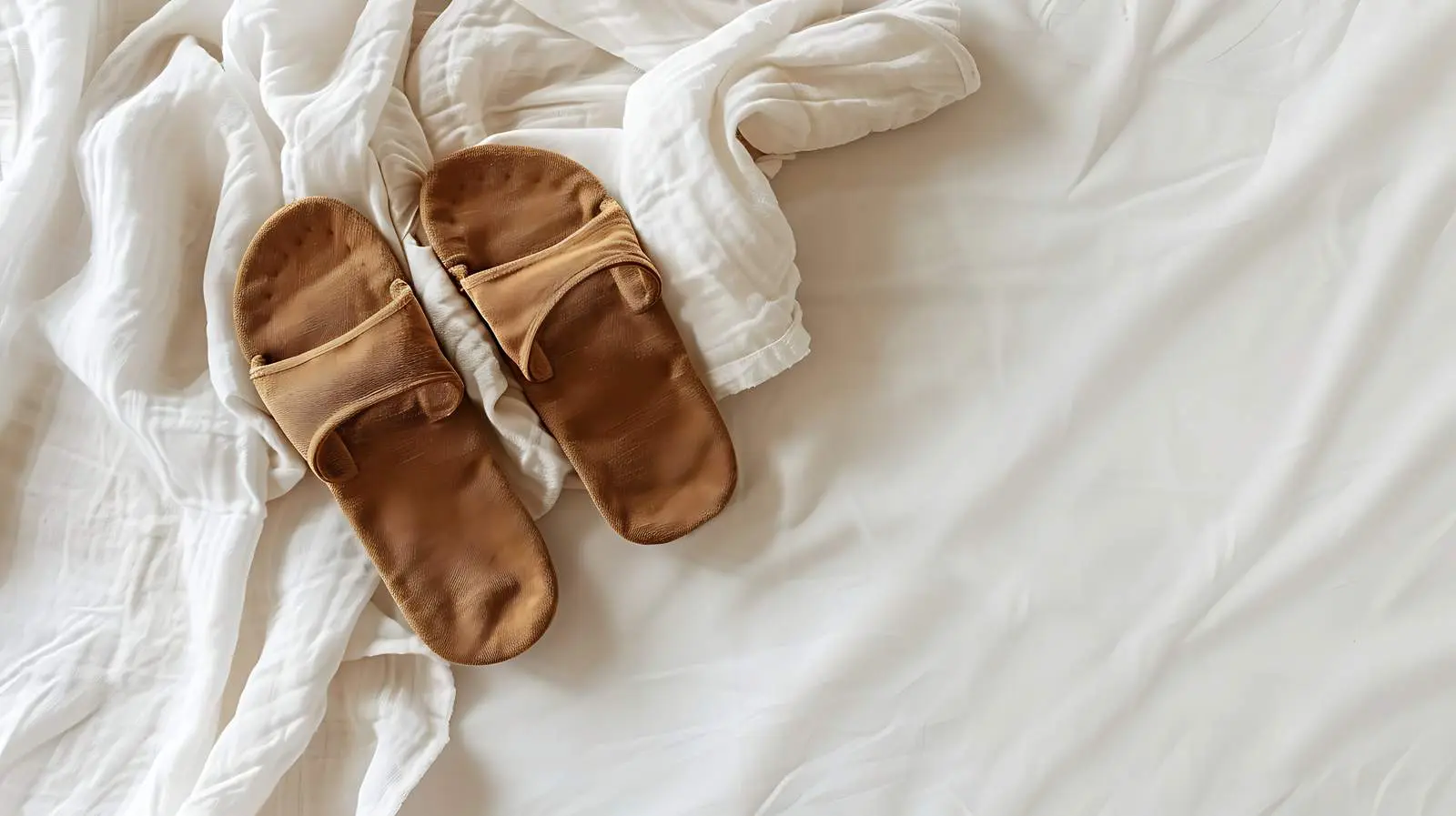 Cozy Brown Slippers on Crumpled White Linen – free plus image from Dotvec