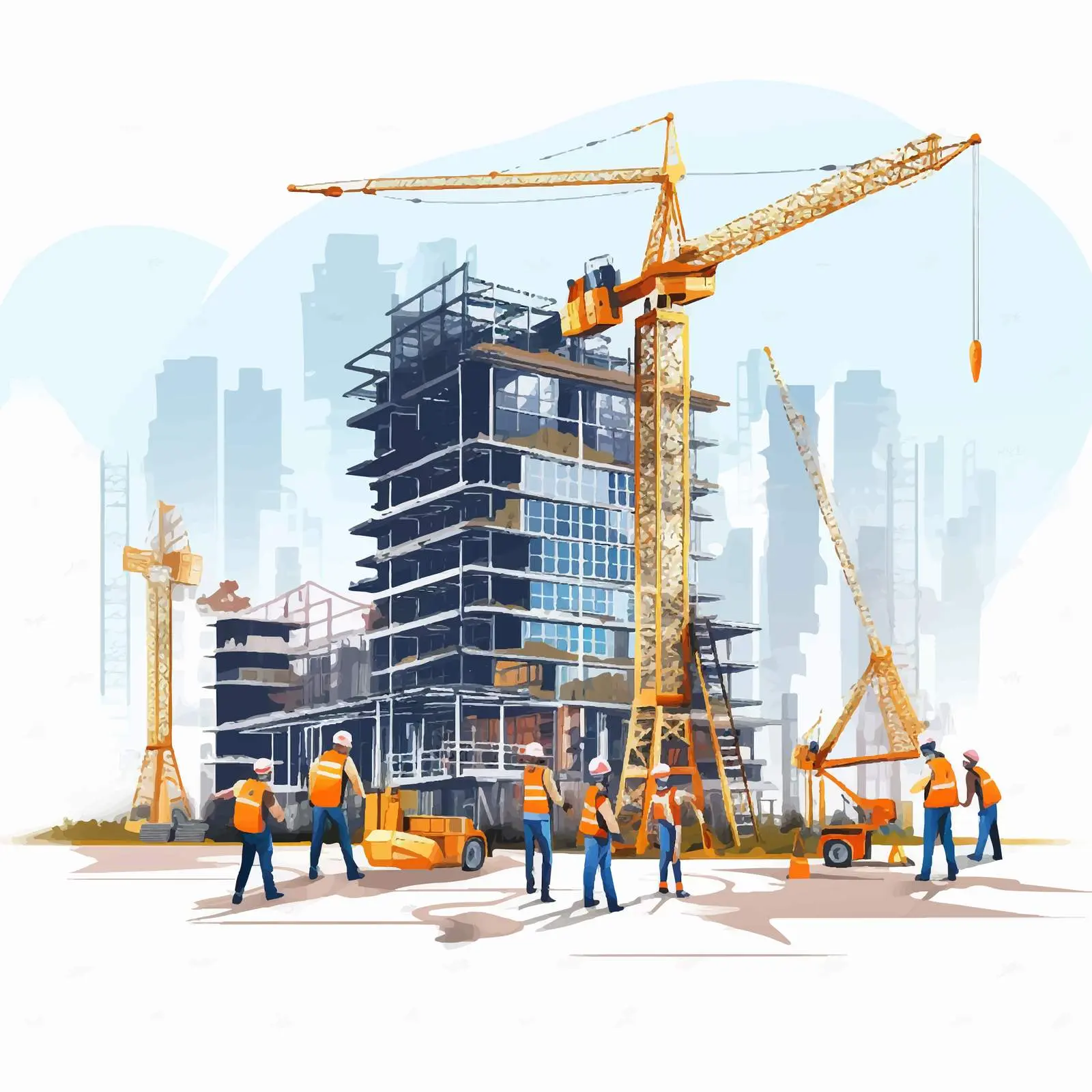 Construction Site Illustration with Workers and Equipment – free construction tools image from Dotvec