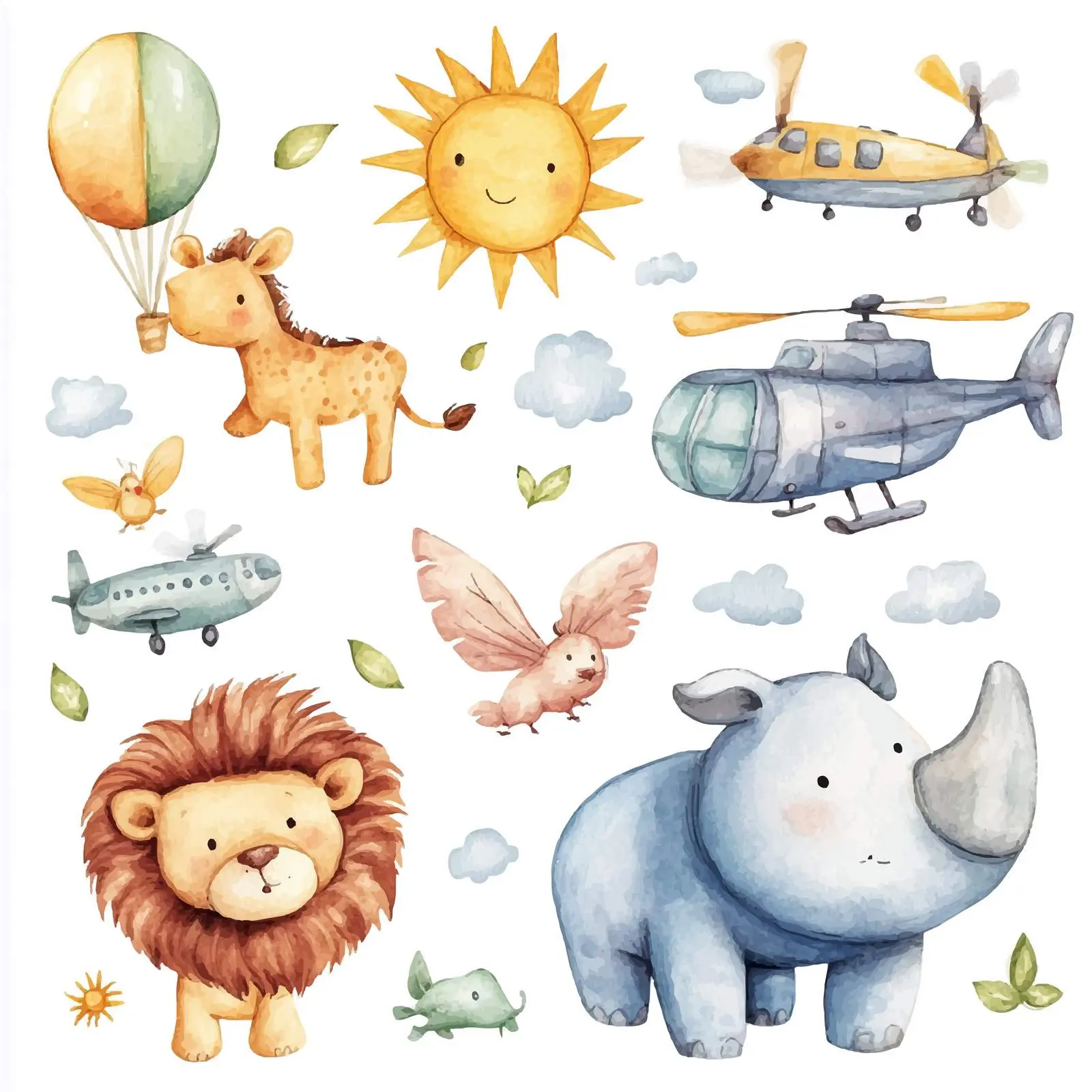Colorful Animal Illustrations with Balloons and Helicopters – free rhinoceros image from Dotvec
