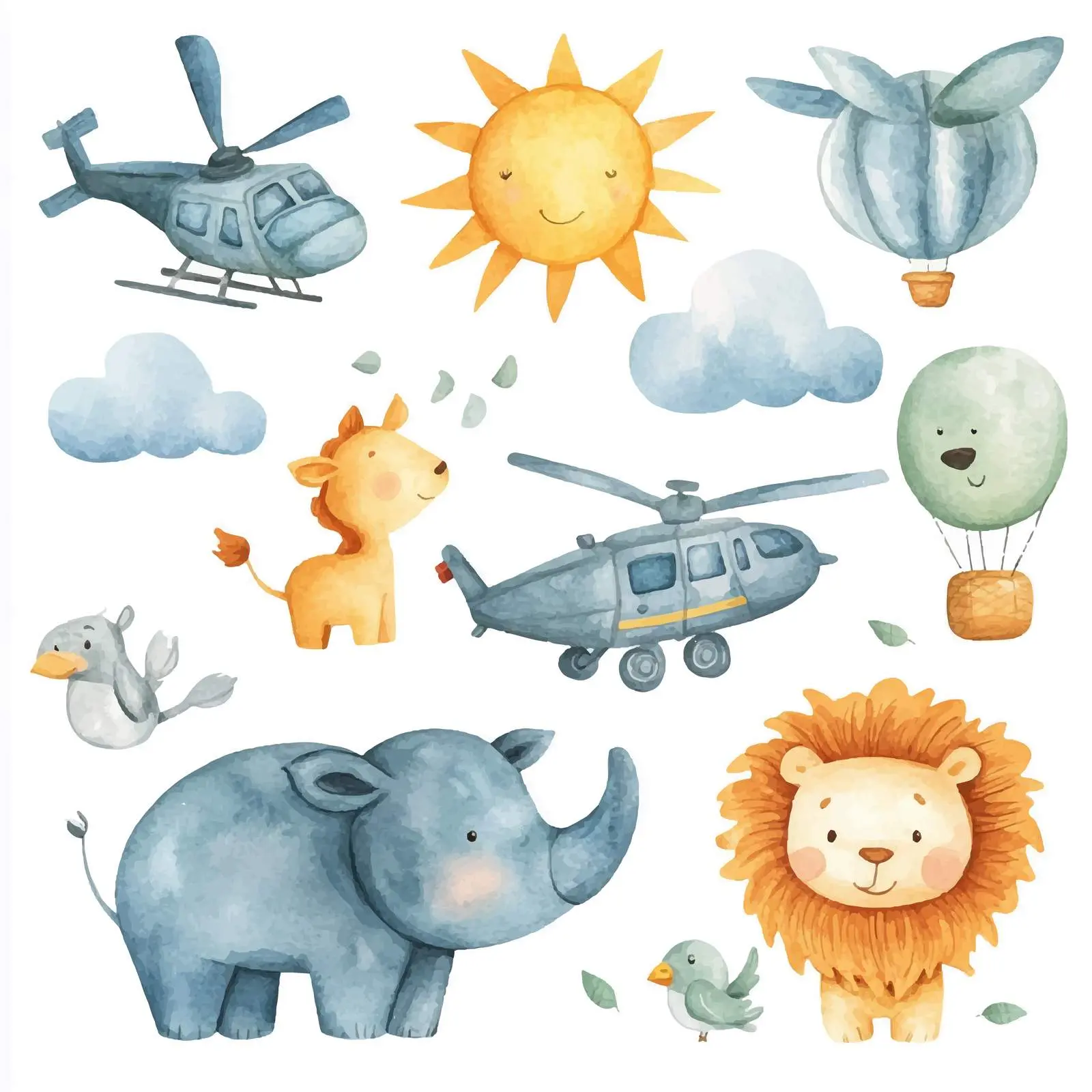 Playful Animals with Balloons and Helicopter – free flying image from Dotvec