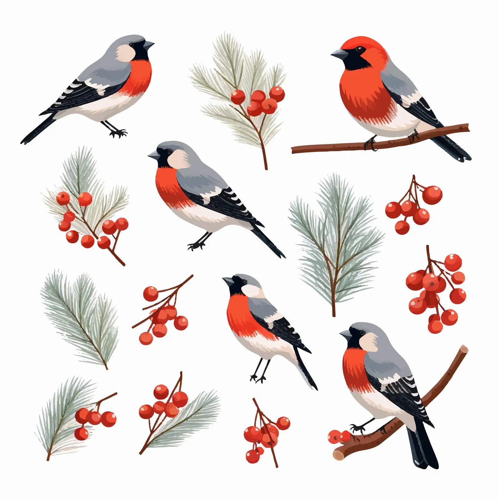 Bullfinches with Fur Tree Clip Art Illustration — free download from Dotvec
