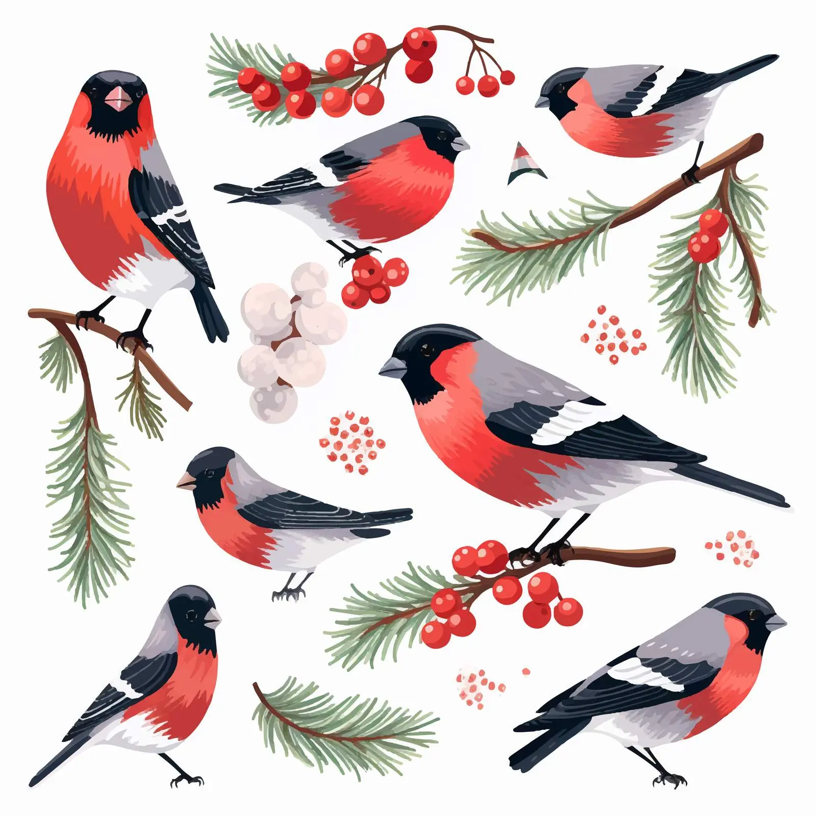 Bullfinches and Fur Tree Clip Art Kit – free seasonal art image from Dotvec