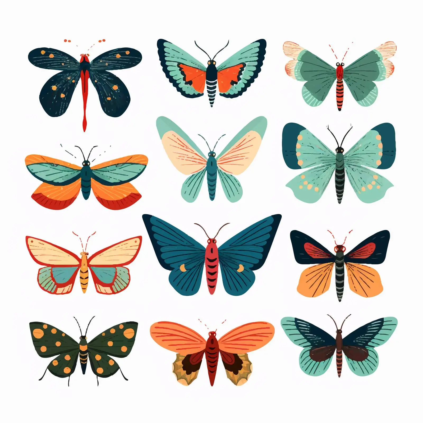 Bright Cartoon Moths on White Background – free insect graphics image from Dotvec