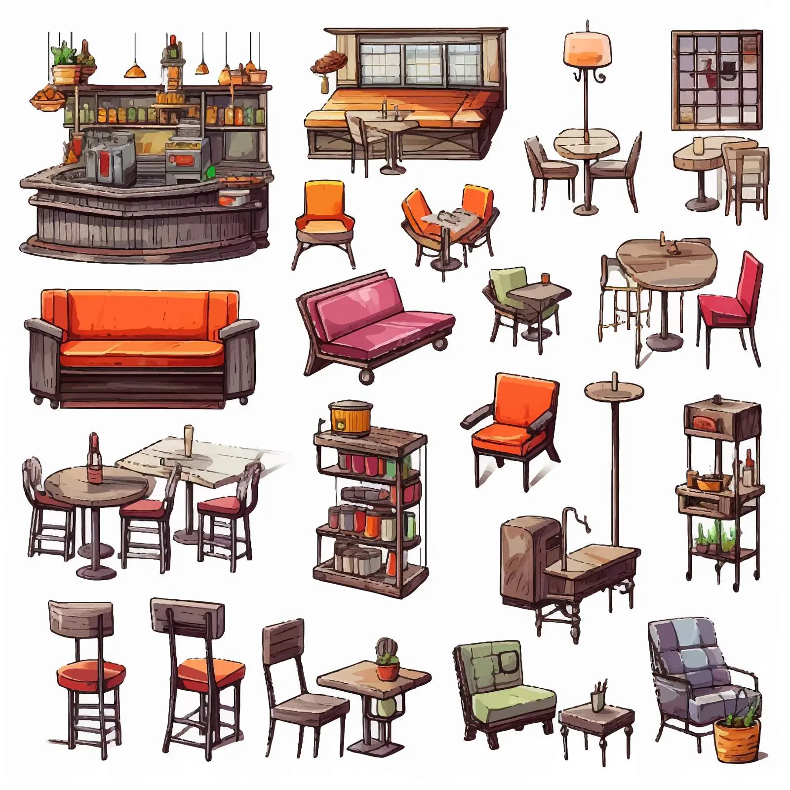 Colorful Restaurant and Bistro Interior Sketches — free download from Dotvec